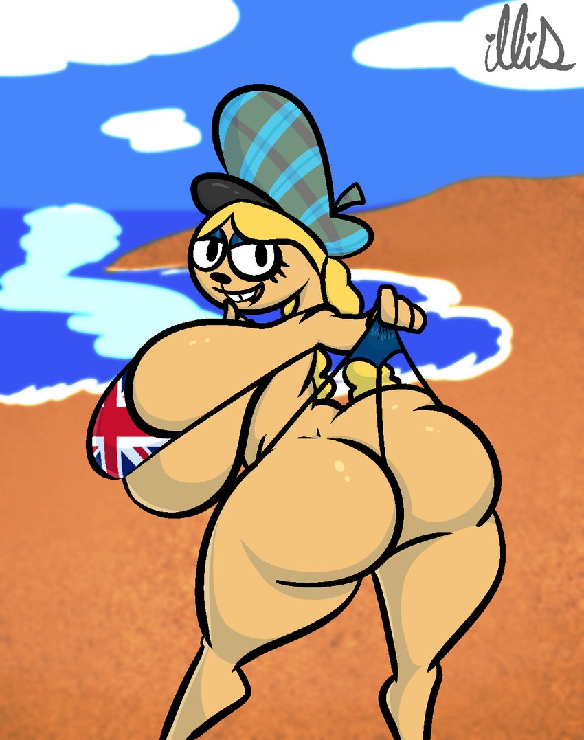 anthro ass beach big_breasts bikini bikini_thong bikini_top blonde_hair breasts canid canine canis cartoon_network clothing domestic_dog eurotrish female foster's_home_for_imaginary_friends hair hi_res huge_breasts illis looking_at_viewer looking_back mammal pulling_panties sand sea seaside side_boob solo swimwear thick_thighs tight_clothing tight_topwear topwear water