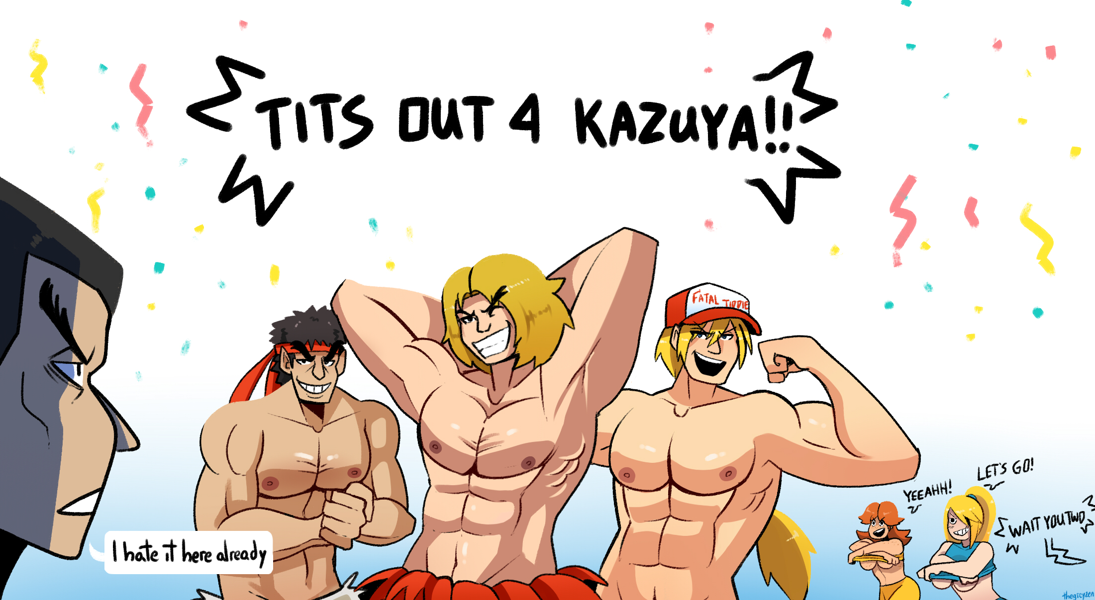 2021, 2girls, 4boys, abs, absurd res, armpits, arms behind head, arms up, artist name, bara, baseball cap, biceps, big breasts, black eyes, black hair, blonde hair, breasts, brown hair, cap, capcom, clothing, confetti, crossover, fatal fury, female, flexing, gay, gradient background, grin, hair over one eye, hat, headband, highres, humor, kazuya mishima, ken masters, king of fighters, large breasts, long hair, looking away, male, male focus, mario (series), metroid, multiple boys, multiple females, multiple girls, multiple males, muscles, muscular, muscular male, navel, nintendo, nipples, offscreen character, one eye closed, open mouth, ponytail, pose, princess daisy, red headband, running, ryu (street fighter), samus aran, screaming, shirt, shirt lift, signature, simple background, speech bubble, street fighter, super smash bros., super smash bros. ultimate, teeth, tekken, terry bogard, thegreyzen, thick eyebrows, tied hair, topless, underboob, undressing, wink, yaoi