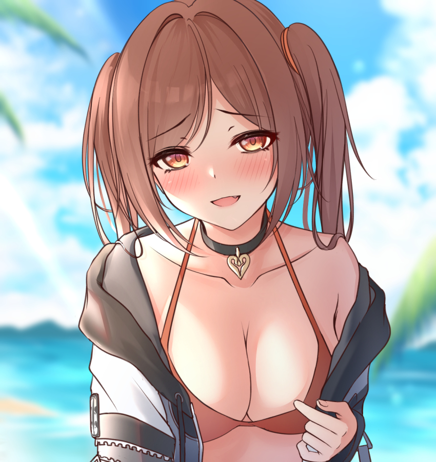 :d, 1girls, amber eyes, bikini, bikini pull, black choker, blurry, blurry background, breasts, brown hair, choker, cleavage, clothes pull, collarbone, depth of field, fang, female, halterneck, highres, imouto-chan (monaka curl), jacket, long hair, looking at viewer, medium breasts, monaka curl, off shoulder, open clothes, open jacket, open mouth, orange eyes, original, red bikini, smile, solo, string bikini, swimsuit, twintails, upper body