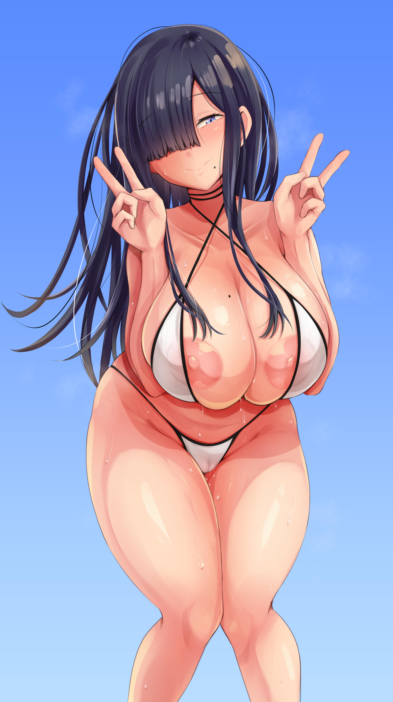 1girls, areolae, big breasts, bikini, black hair, blue eyes, breasts, emaason, female, female only, hair over one eye, kuronuma honoka, large breasts, long hair, mole, mole on breast, mole under mouth, nipples, original, original character, peace sign, solo, solo female, sweat, swimsuit, thick, thick thighs, voluptuous