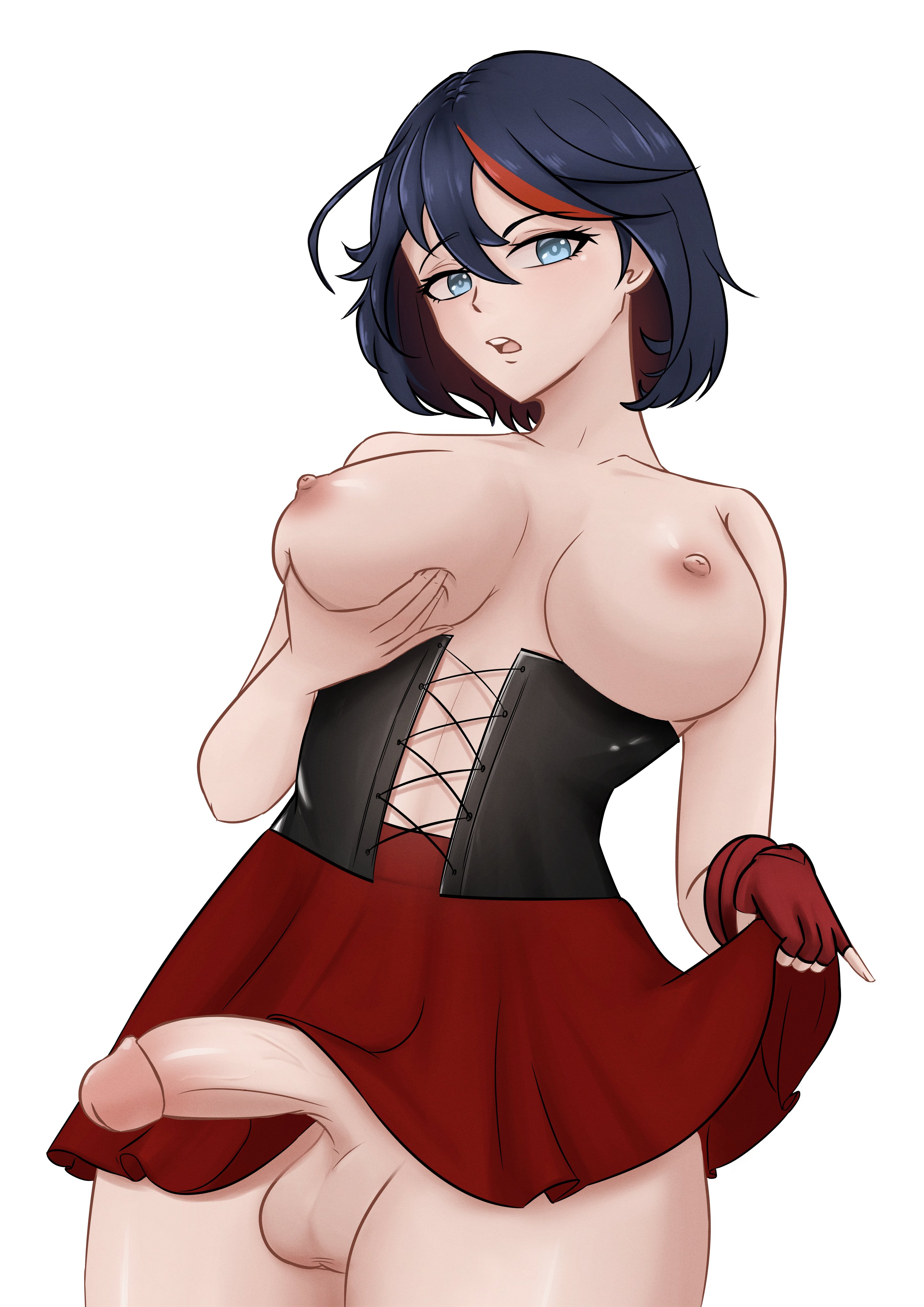 1futa, areola, areolae, balls, ballsack, big breasts, big penis, black hair, blue eyes, breast grab, breast squeeze, breasts, breasts out, clothed, clothed female, clothing, commission, female, functionally nude, futa only, futanari, gibb san, huge cock, human, intersex, kill la kill, light skin, light-skinned futa, little red riding hood (cosplay), matoi ryuuko, nipples, pale skin, partially clothed, penis, skirt lift, skirt pull, solo, standing, thick thighs