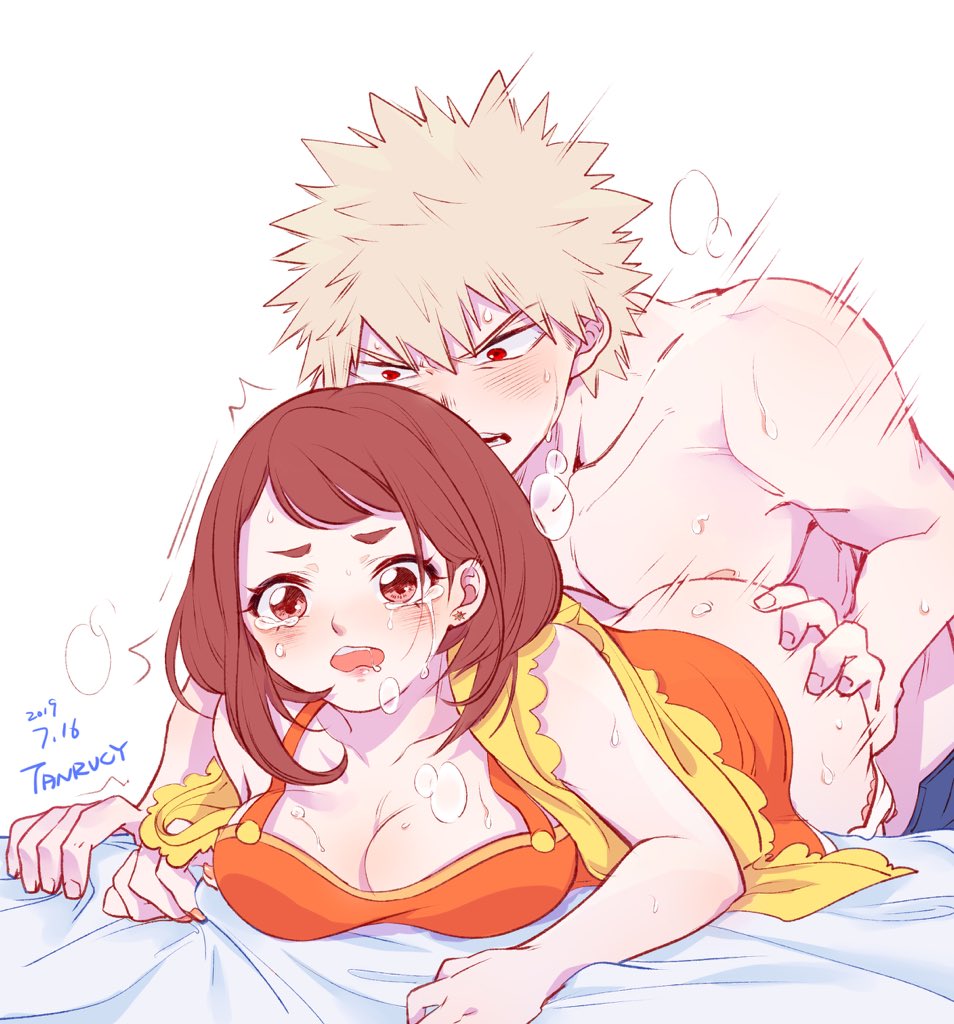 1boy, 1girls, ambiguous penetration, ass, ass grab, bent over, big breasts, blonde hair, blonde-haired male, breasts, brown hair, brown-haired female, cleavage, clothed sex, female, from behind position, grabbing sheets, katsuki bakugou, male, male/female, my hero academia, ochako uraraka, on stomach, partially clothed, partially nude, passionate, red eyes, rough sex, sex, sheet grab, spiky hair, straight, taken from behind, tanrucy