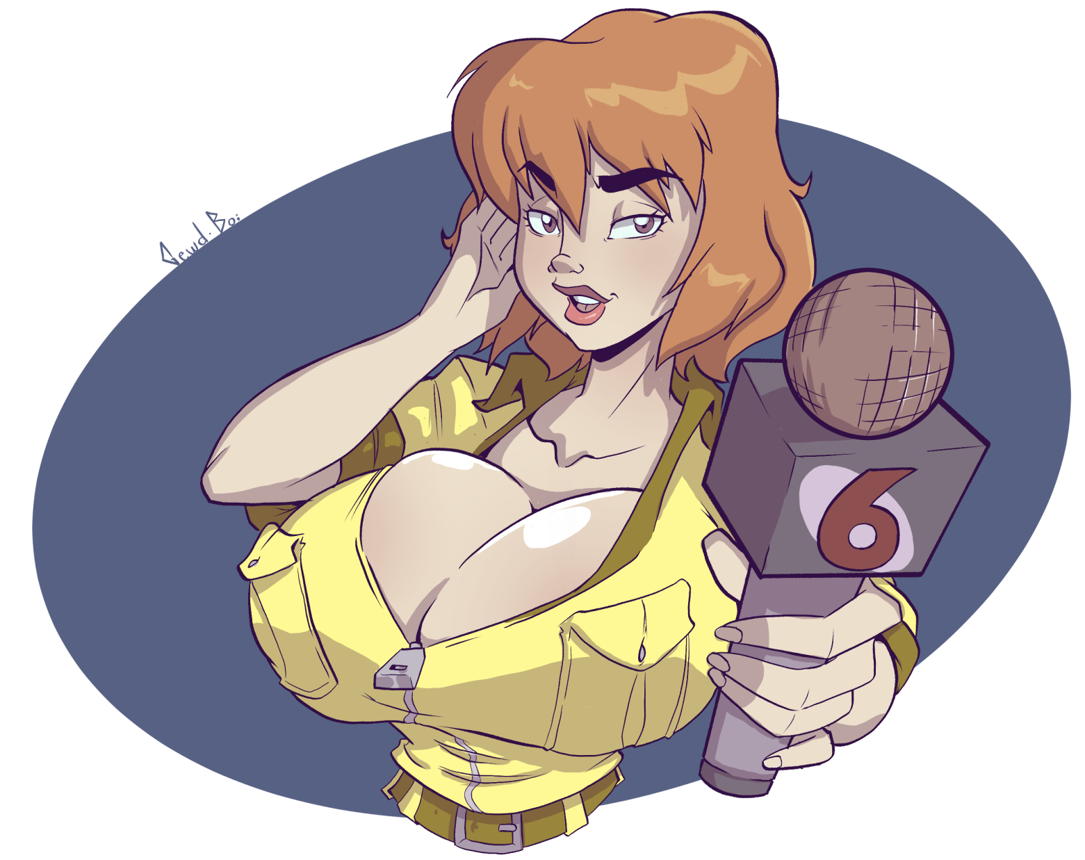 1girls, april o'neil, april o'neil (tmnt 1987), breasts, casual, cleavage, clothed, electronics, female, gewd-boi, huge breasts, human, jumpsuit, large breasts, lipstick, looking at viewer, microphone, outerwear, pale skin, red hair, solo, teenage mutant ninja turtles, tmnt 1987