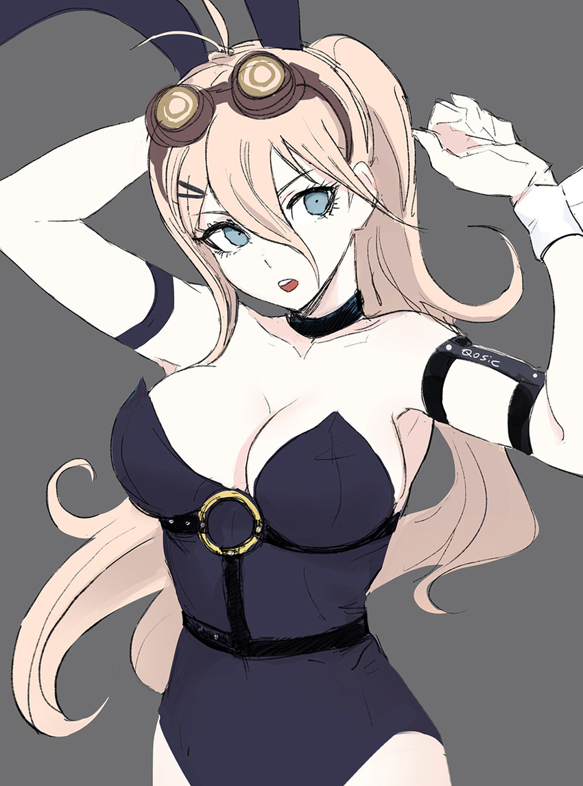 ahoge armpits blonde_hair blue_eyes breasts bunny_ears bunny_girl choker danganronpa danganronpa_v3 female goggles goggles_on_head iruma_miu pale-skinned_female pale_skin pink_hair ponytail qosic solo solo_female straight_hair suit