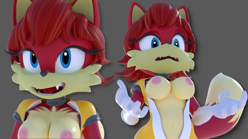 16:9 3d_(artwork) anthro archie_comics breasts canid canine clothed clothing digital_media_(artwork) female fiona_fox fox furry hi_res mammal partially_clothed rotalice2 sega solo sonic_(series) sonic_the_hedgehog_(archie) sonic_the_hedgehog_(comics) teeth_showing wardrobe_malfunction widescreen worried_expression