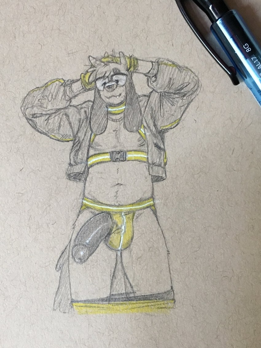 2020 3:4 anthro belly big_nose big_penis black_nose canid canine canis clothed clothing cute_fangs domestic_dog eyewear flaccid floppy_ears furry genitals glasses hands_behind_head harness hi_res jacket jockstrap male mammal navel nextel nipples pants_down partially_clothed penis raised_arms reed_(bearra) safety_vest slightly_chubby smile solo standing topwear traditional_media_(artwork) underwear vest