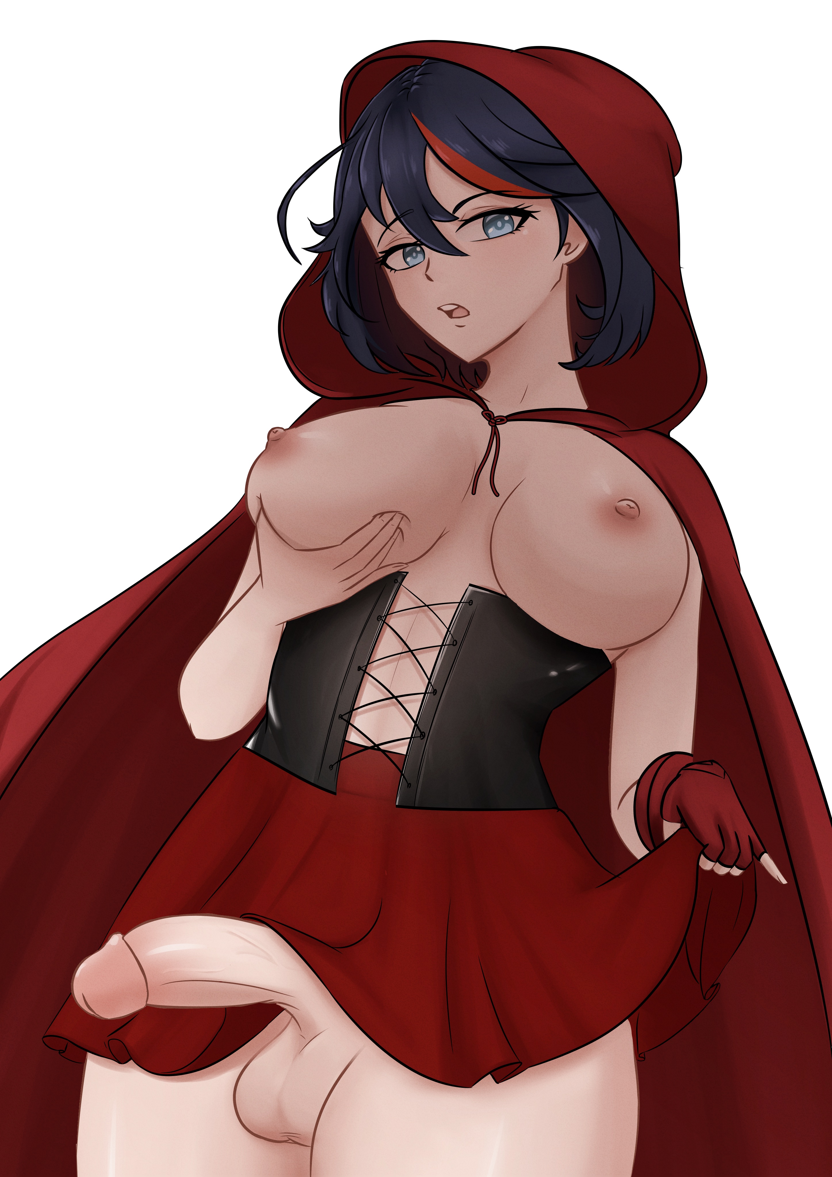 1futa, areolae, big penis, black hair, blue eyes, breast grab, breast squeeze, breasts, breasts out, clothed, clothing, functionally nude, futa only, futanari, gibb san, hood, huge cock, human, intersex, kill la kill, large breasts, light skin, light-skinned futa, little red riding hood (cosplay), matoi ryuuko, nipples, pale skin, partially clothed, penis, skirt lift, skirt pull, solo, thick thighs