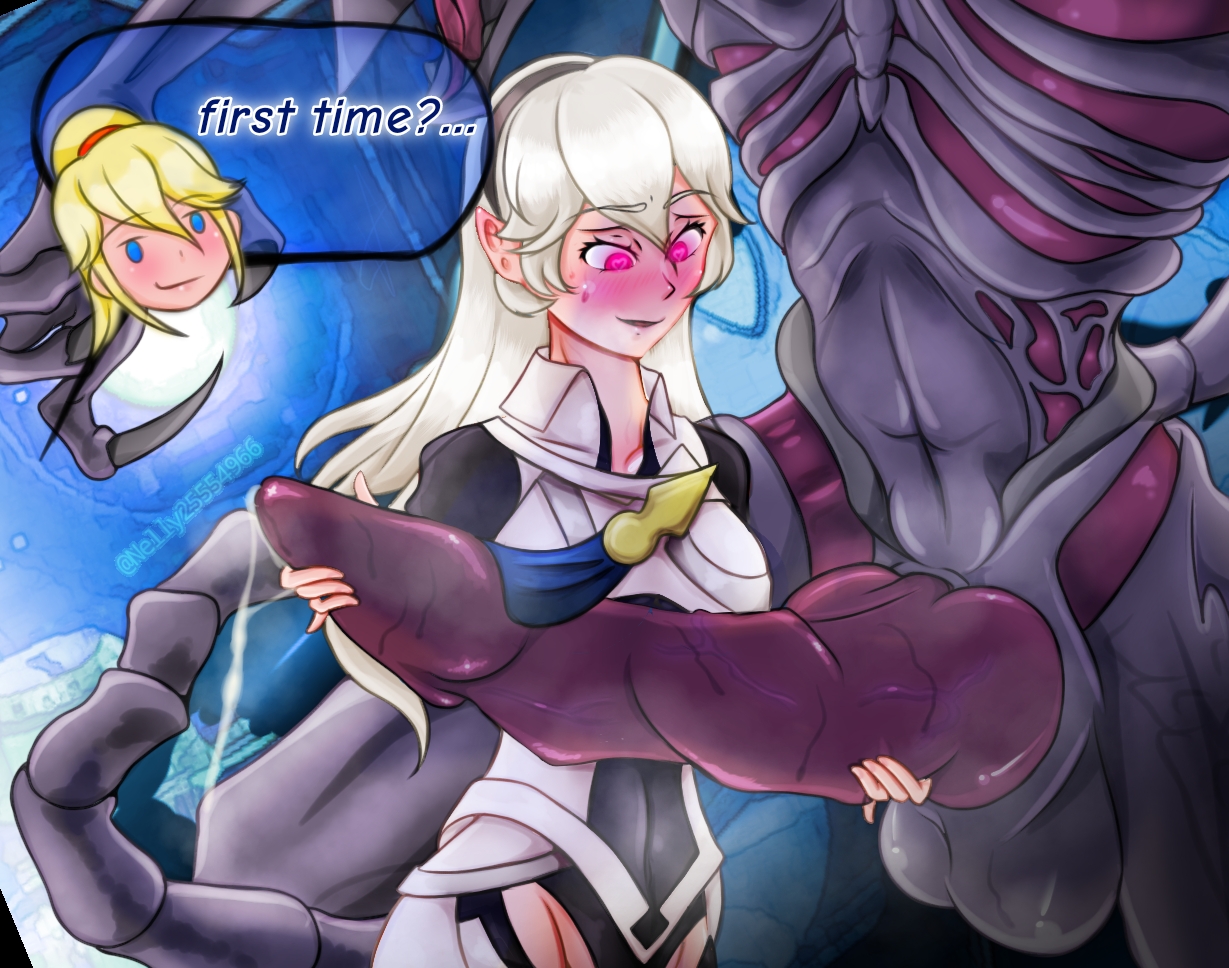 1boy, 2girls, alien, bare thighs, blush, commission, cornelly, cornellyc, corrin (fire emblem), corrin (fire emblem) (female), crossover, english text, female, fire emblem, glowing eyes, heart-shaped pupils, inner thighs, interspecies, large penis, long hair, long penis, male, metroid, monster, nintendo, open mouth, open smile, penis, penis awe, penis grab, pointy ears, precum, ridley, samus aran, smug, super smash bros., sweat, text, violet eyes