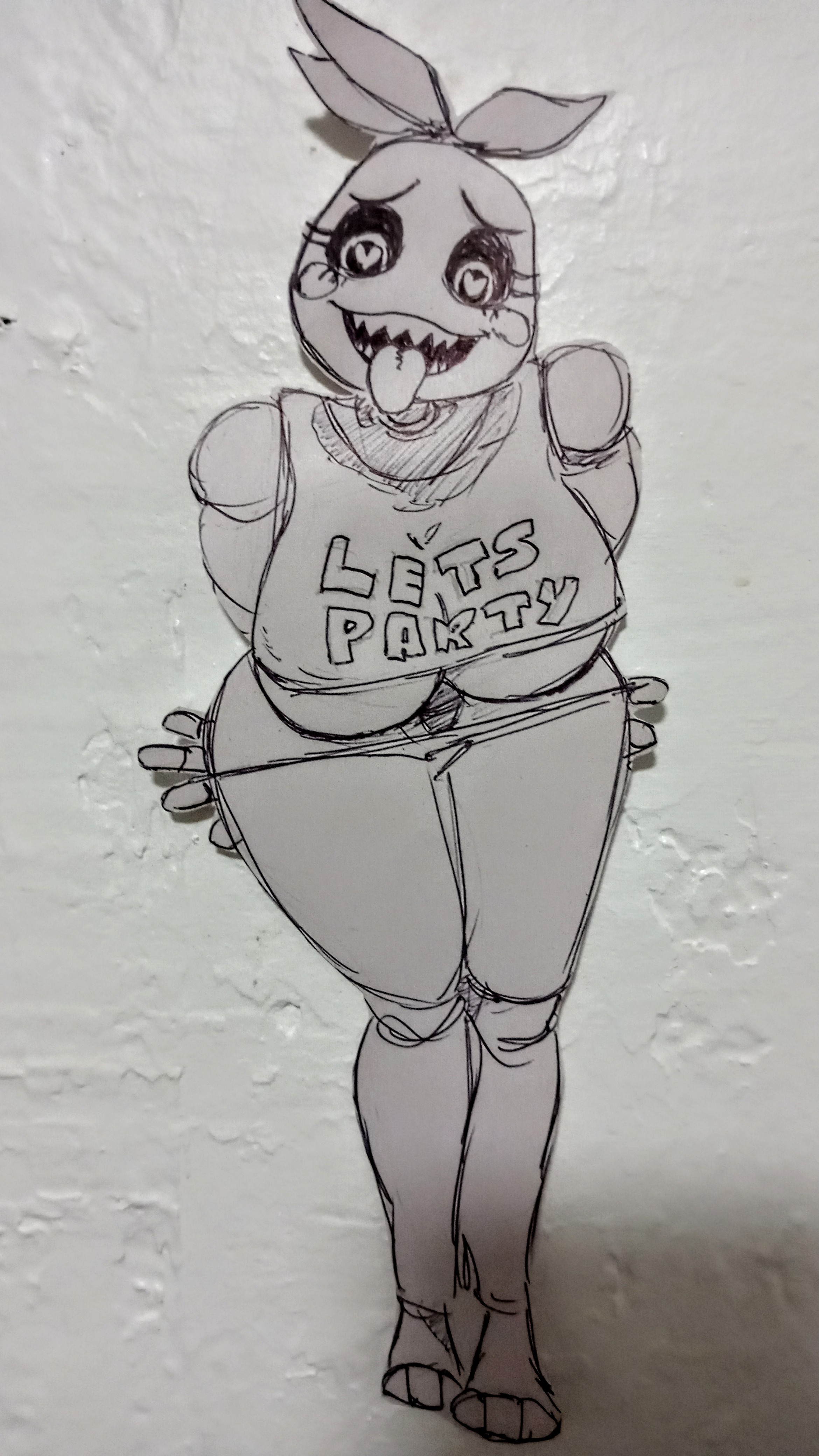 big breasts, breasts, feet, female, five nights at freddy's, heart-shaped pupils, paper, paper child, papercraft (medium), photo (medium), solo, sticking out tongue, sticking tongue out, stripping, thick thighs, tongue, tongue out, toy chica (fnaf), toy chica (love taste), underboob