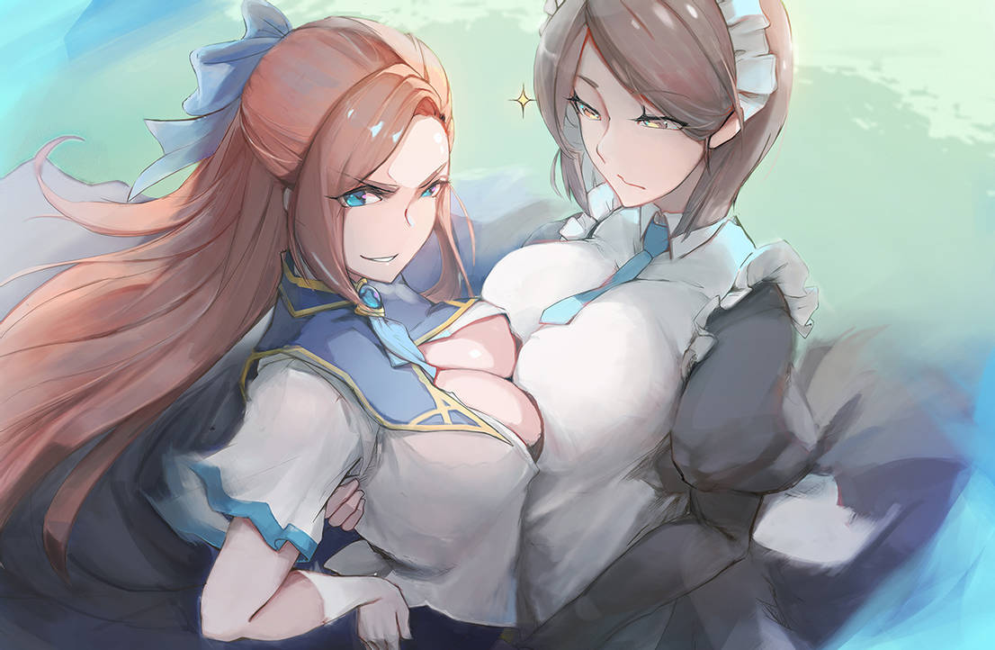 2girls anne_shelley big_breasts blue_eyes breast_press brown_hair cleavage devious_grin female female_only gray_bear hamefura holding_hip huge_breasts human katarina_claes light-skinned_female light_brown_hair light_skin looking_at_partner looking_at_viewer maid maid_uniform multiple_girls open_shirt otome_game_no_hametsu_flag_shika_nai_akuyaku_reijou_ni_tensei_shite_shimatta white_body white_skin yellow_eyes