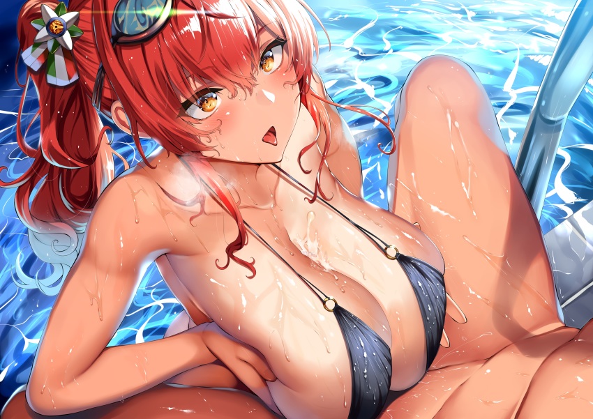 1boy, absurdres, azur lane, bangs, bare shoulders, belko, bikini, black bikini, blush, breast squeeze, breasts, cleavage, collarbone, cum, cum on body, cum on breasts, cum on upper body, eyebrows visible through hair, female, goggles, goggles on head, hair between eyes, hair ornament, hi res, highres, large breasts, licking lips, long hair, looking up, male, o-ring, open mouth, paizuri, pool, poolside, red hair, side ponytail, sidelocks, smile, solo focus, straight, swimsuit, tied hair, tongue, tongue out, water, wet, yellow eyes, zara (azur lane), zara (poolside coincidence) (azur lane)