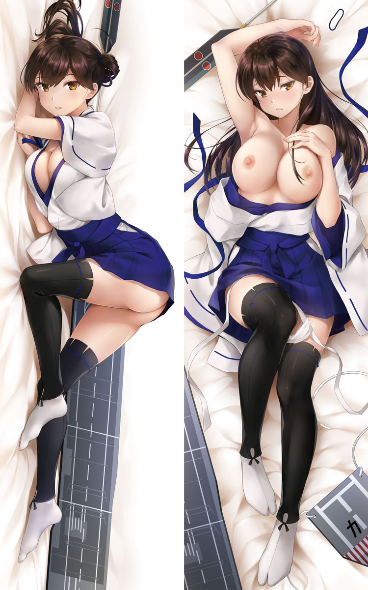 arrow_(projectile) ass blue_hakama breasts breasts_out brown_eyes brown_hair dakimakura_(medium) female gaiters hair_down hakama hakama_skirt highres japanese_clothes kaga_(kantai_collection) kantai_collection kochipu large_breasts long_hair lying nipples on_back remodel_(kantai_collection) short_sidetail side_ponytail tabi thighhigh_gaiters thighhighs white_legwear