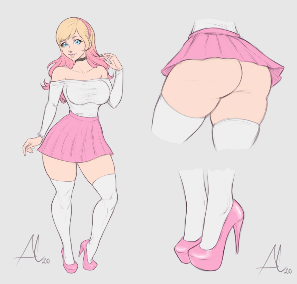1girls, aesdev, ass, bare ass, bare shoulders, big ass, blonde hair, blue eyes, breasts, choker, clothed, female, female only, full body, heels, high heels, human, human only, jessie (aesdev), large breasts, light skin, light-skinned female, long hair, miniskirt, no panties, original, original character, pink hair, plain background, smile, solo, thick thighs, thighhighs, two-tone hair, upskirt, voluptuous, voluptuous female, wide hips, zettai ryouiki