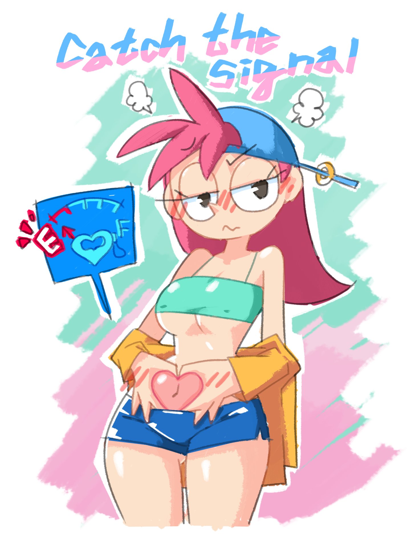 blush, breasts, cleavage, clothed, doodle gf, female, heart, horny, implied sex, jeans, minus8, needy, short shorts, solo, underboob