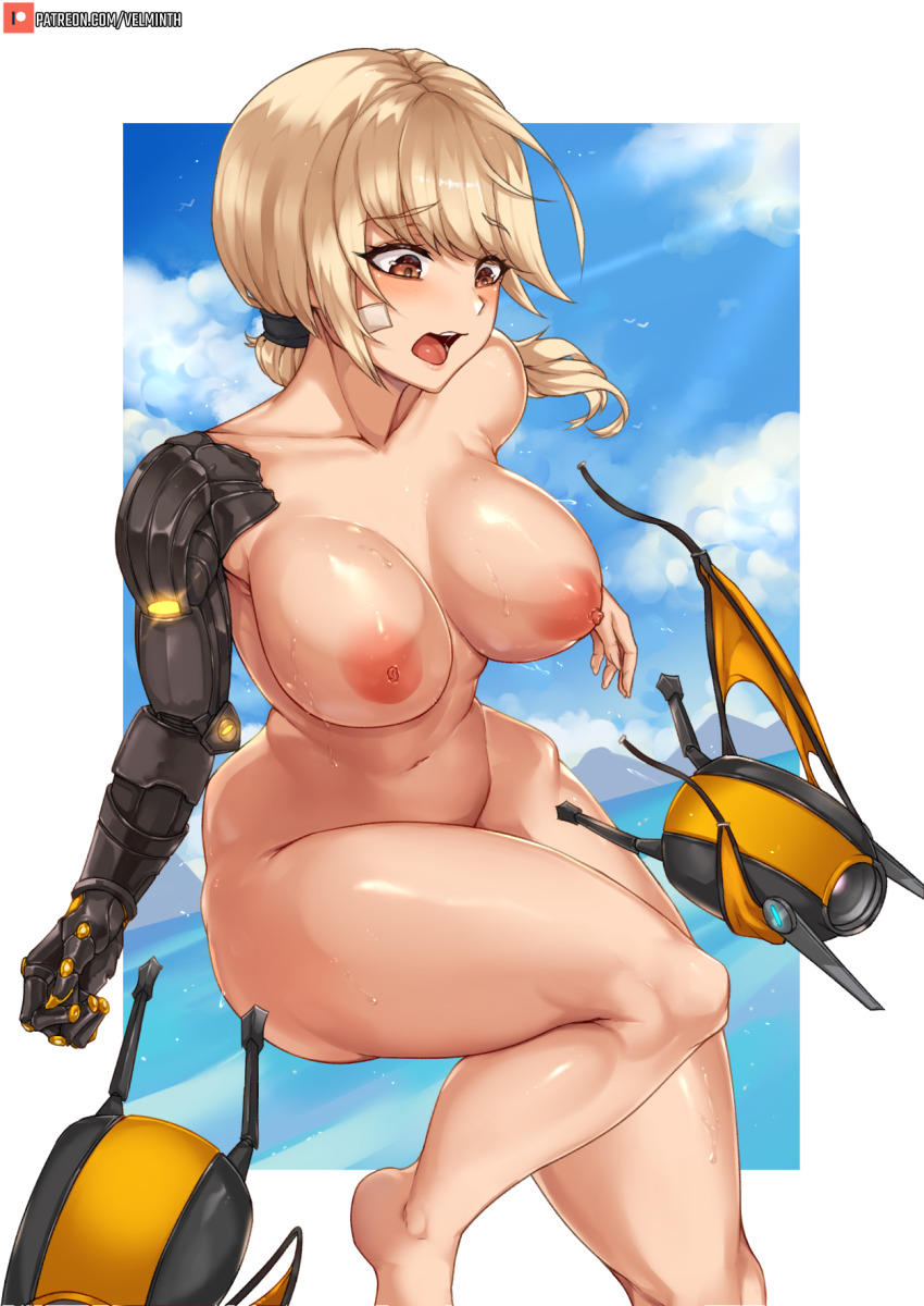 blonde_hair blue_skirt breasts clothes_theft cloud cyborg dutch_angle eri_(uragoner) female hessra highres large_breasts mechanical_arms mountainous_horizon navel nipples nude ocean open_mouth red_eyes short_hair single_mechanical_arm skirt sweat swimsuit_theft theft thighs uragoner