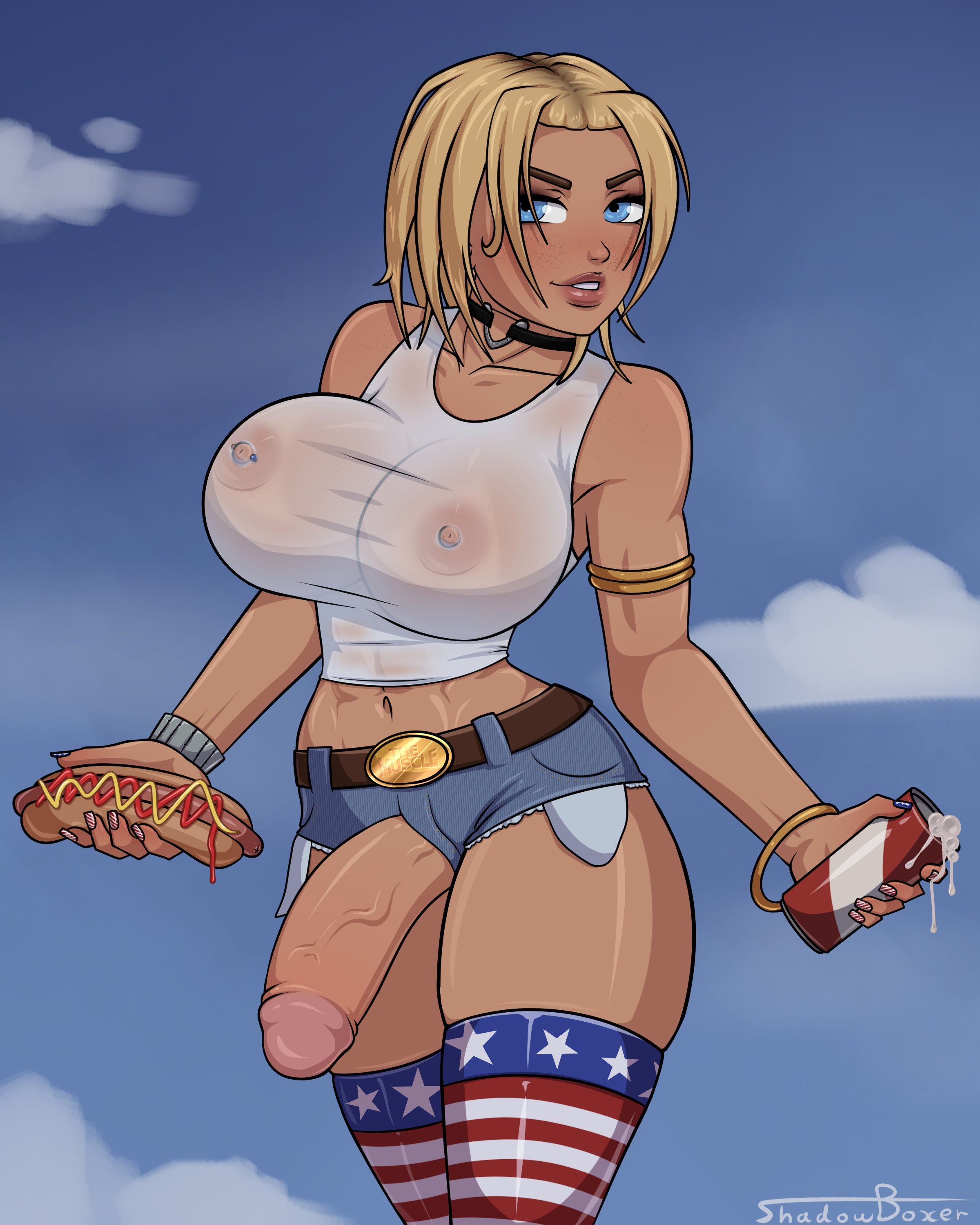 1futa, big breasts, big penis, breasts, clothed, clothing, dead or alive, erection, futa only, futanari, half-erect, huge breasts, huge cock, human, intersex, nipple piercing, nipples, partially clothed, penis, piercing, see-through, see-through clothing, shadowboxer, shopenis out, shorts, solo, standing, thick thighs, tina armstrong, wide hips
