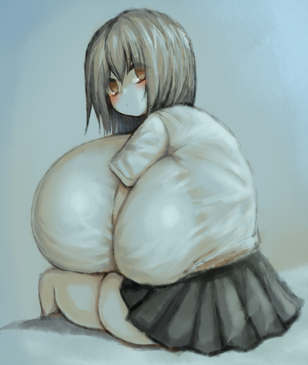 2b213, ass, blush, breast press, breast squeeze, breast squish, breasts, bursting breasts, dark, dark lighting, female, fully clothed, gigantic breasts, huge breasts, hyper breasts, inconvenient breasts, large ass, looking at viewer, looking back, pale, pale skin, short hair, sitting, skirt, thick thighs, tight clothing
