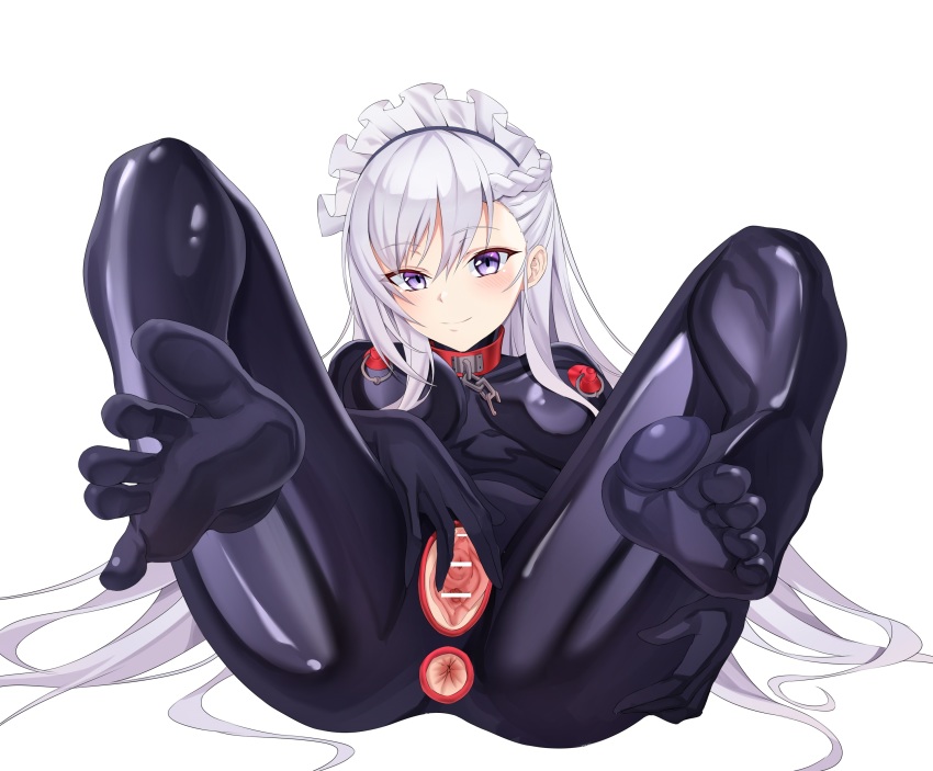 absurdres, anus, azur lane, belfast (azur lane), censored, feet, female, highres, latex, latex bodysuit, nipple piercing, nipple rings, nipples, piercing, pussy, spread pussy, toes