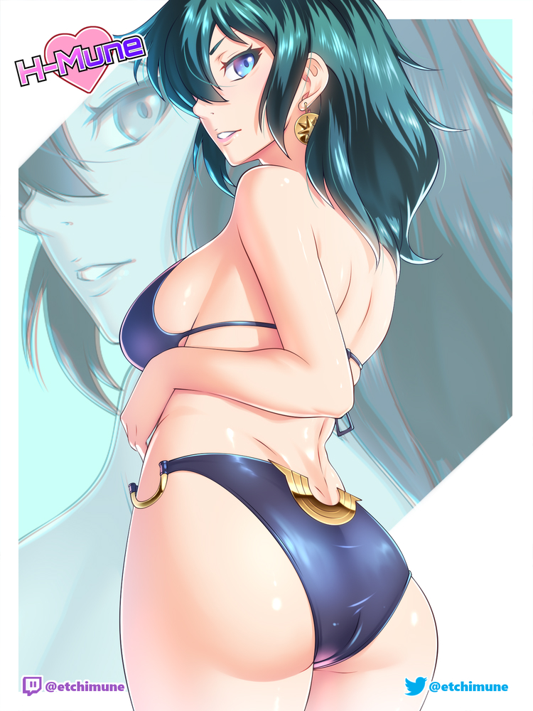 1girls alternate_costume ass back back_view bare_back big_ass bikini blue_bikini blue_eyes blue_swimsuit byleth_(fire_emblem) byleth_(fire_emblem)_(female) earrings etchimune fire_emblem fire_emblem:_three_houses hair_between_eyes large_ass looking_at_viewer looking_back medium_breasts medium_hair nintendo solo solo_female swimsuit teal_hair