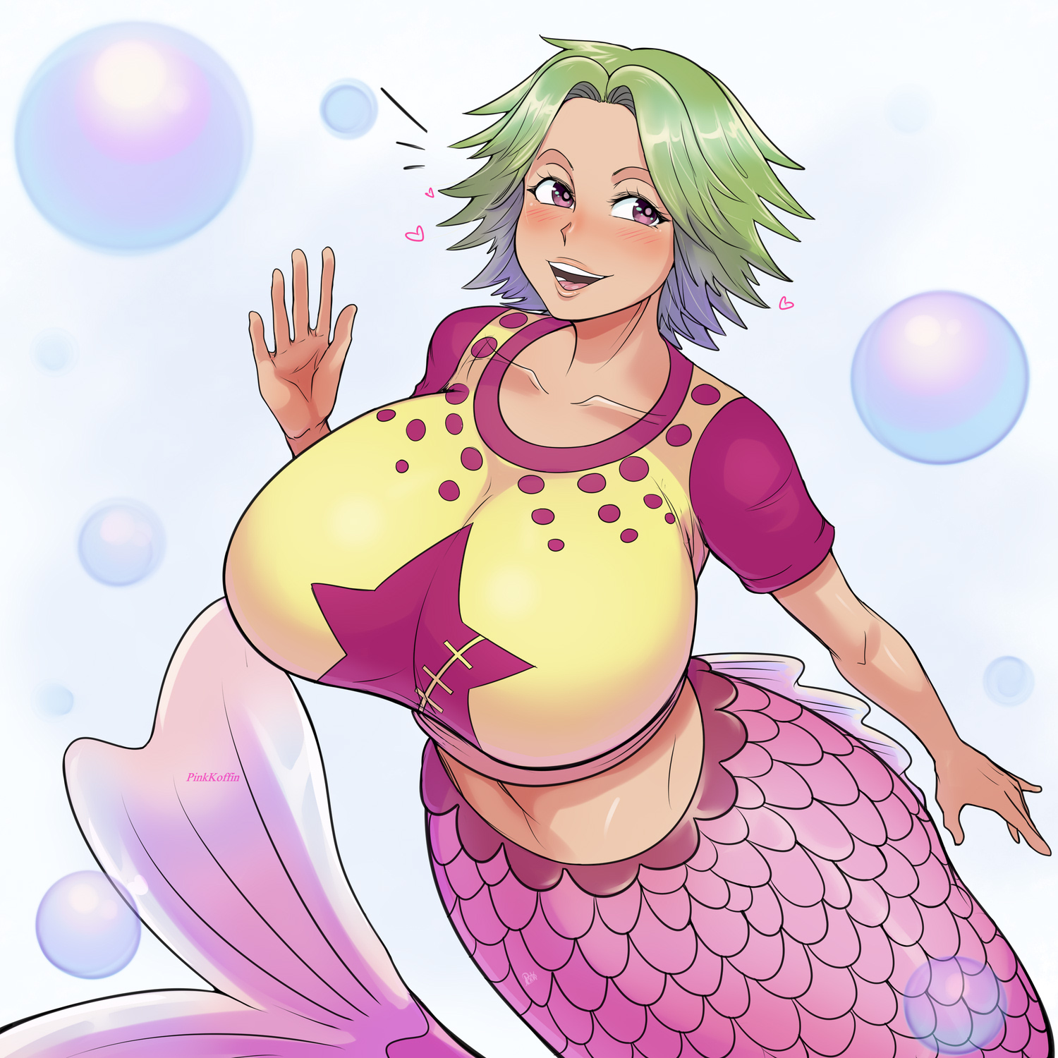 1girls, 2021, alternate version available, big breasts, breasts, camie, collarbone, female, female only, green hair, green-haired female, huge breasts, merfolk, mermaid, one piece, open mouth, pinkkoffin, short hair, simple background