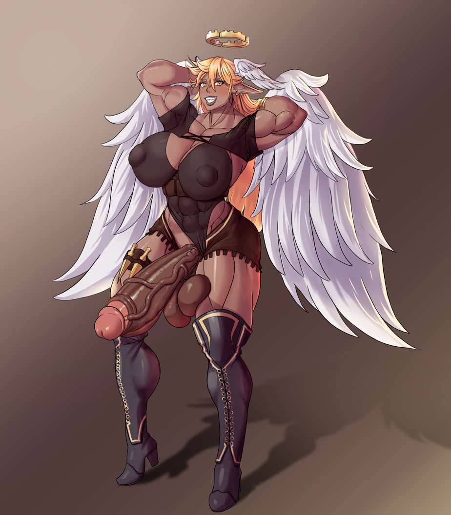 1futa, abs, angel, angel wings, areolae, balls, big breasts, breasts, dark skin, dark-skinned futa, erection, ereliel (thatdamnedelf), futa only, futanari, huge balls, huge cock, intersex, large breasts, muscles, muscular, muscular futa, nipples, penis, saxwakuy, solo, standing, thick thighs, wide hips