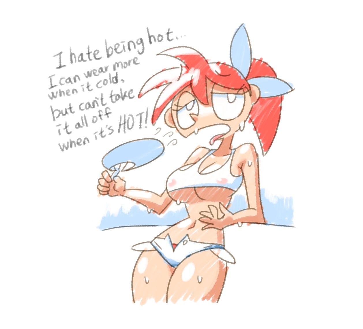 2d, breasts, doodle gf, female, hairbow, minus8, nipples, original, ponytail, red hair, redhead, see-through, simple background, solo, sweaty, underboob, white background
