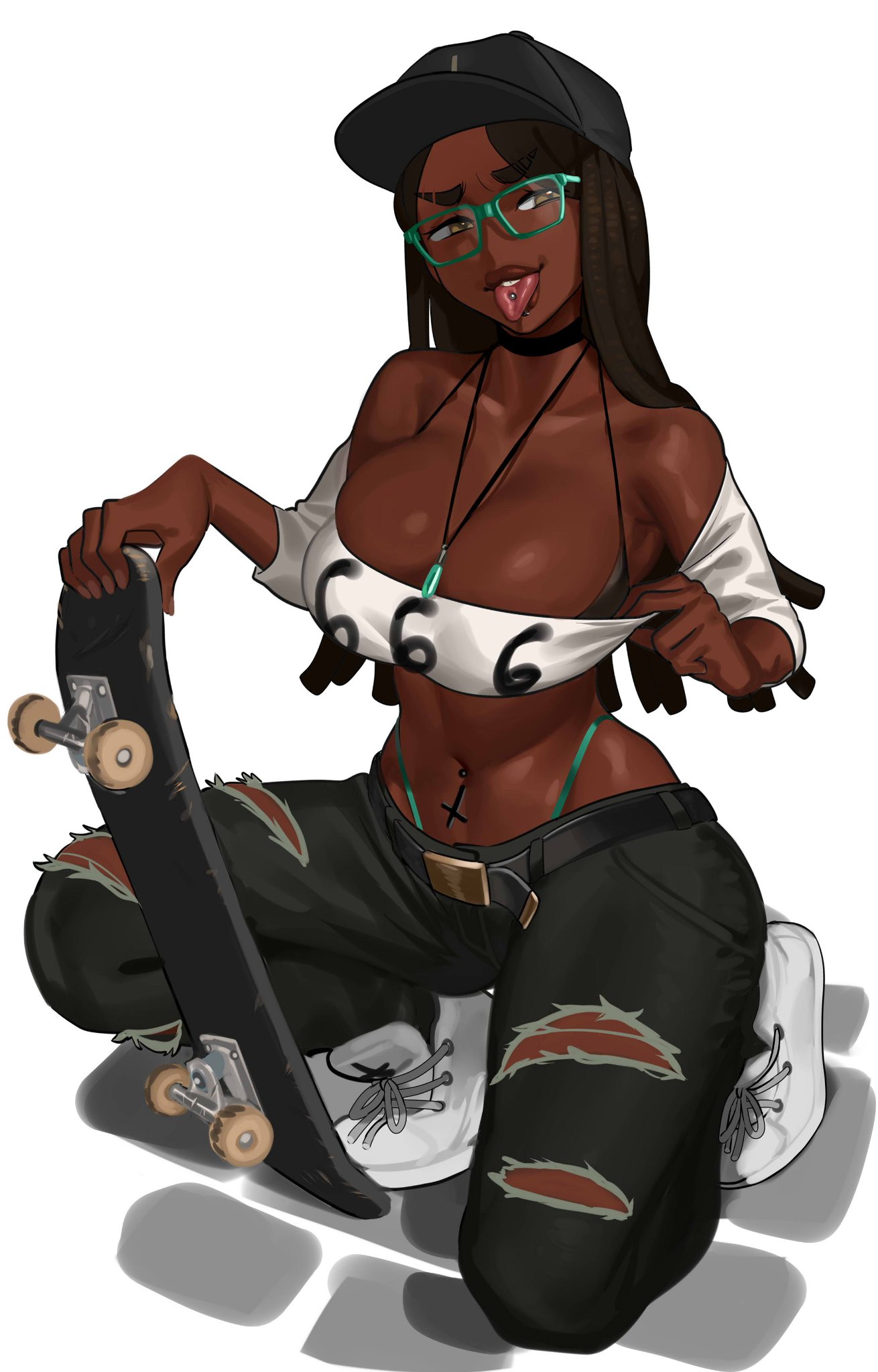 1girls, 2d, 5 fingers, belt, black bottomwear, black hair, black jeans, breasts, cap, cleavage, clothed, clothes, commission, dark hair, dark skin, dark-skinned female, dreadlocks, exposed midriff, female, female only, glasses, hat, human, jeans, jewelry, kneeling, midriff, milfwrangler, navel, navel piercing, necklace, piercing, piercings, ripped jeans, second-party source, seto (zane the monster), simple background, skateboard, solo, solo female, tongue, tongue out, tongue piercing, whale tail, white background, white topwear, zane the monster