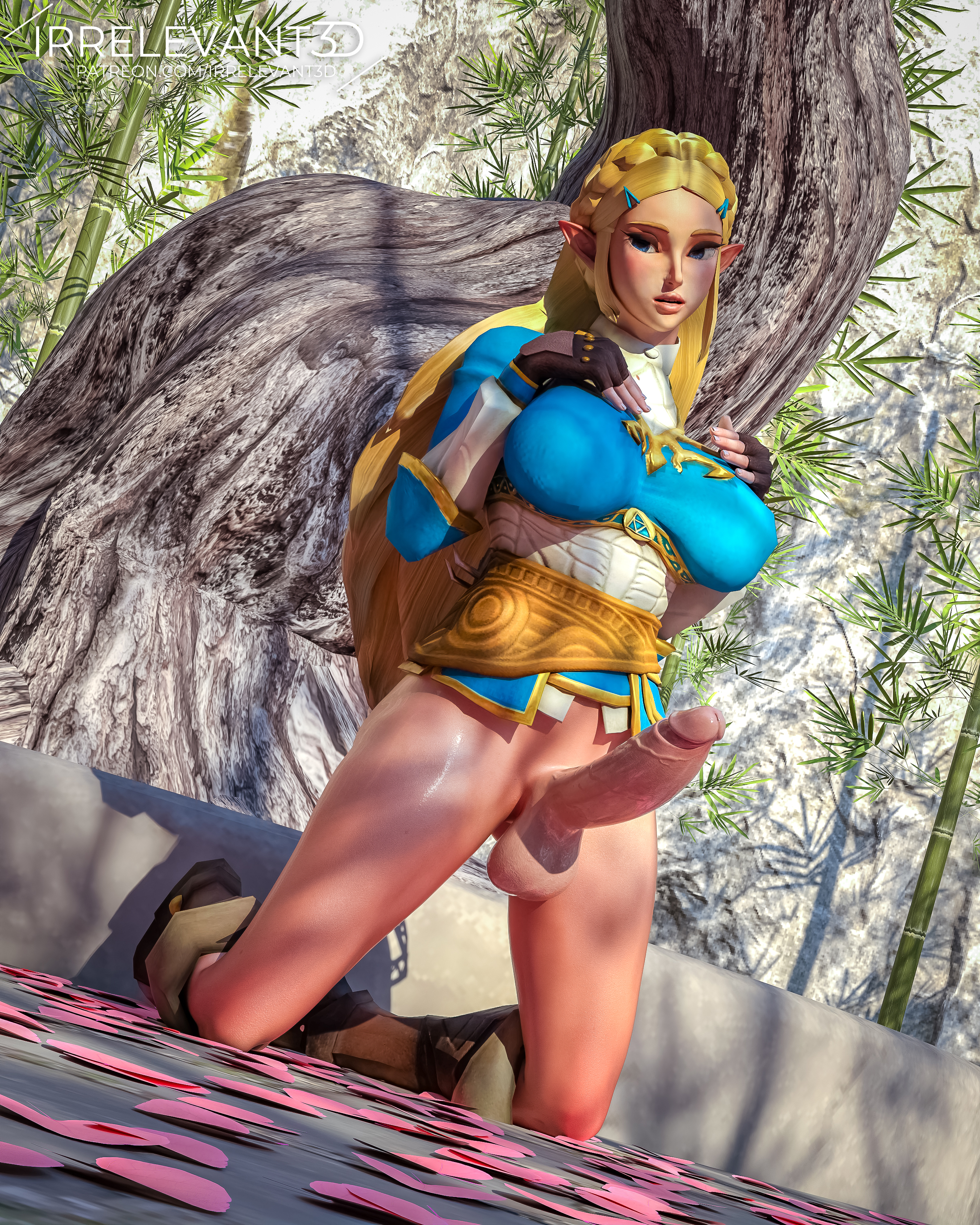 1futa, balls, belt, big breasts, big penis, blonde hair, boots, bottomless, breasts, breath of the wild, clothed, detailed background, erection, futa only, futanari, gloves, green eyes, hand on hair, intersex, irrelevant3d, long hair, partially clothed, penis, pointy ears, princess zelda, the legend of zelda, zelda (breath of the wild)
