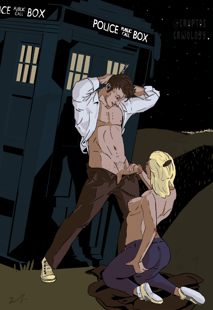 1boy 1girls bare_breasts bare_shoulders blonde_hair blowjob breasts brown_hair chest david_tennant doctor_who female grass handjob hands_behind_head kneeling kneeling/standing looking_down_at_partner male male/female night nipples outside pants penis penis_grab penis_out rose_tyler shirt shoes short_hair shoulder_length_hair sideboob standing stomach tardis tenth_doctor the_doctor unbuttoned watermark