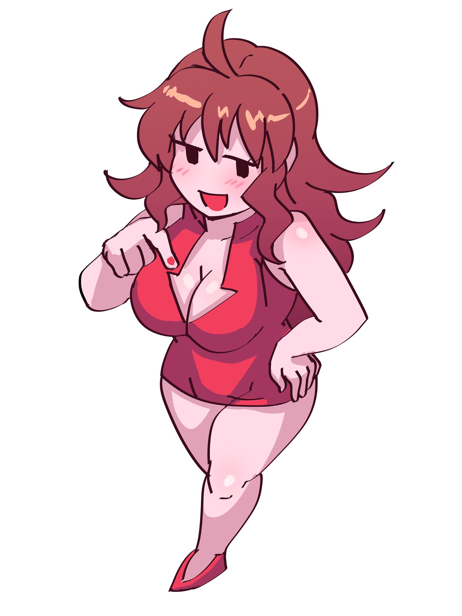 big breasts, blush, boob window, breasts, brown hair, cleavage, collarbone, dress, female, friday night funkin, fully clothed, girlfriend (friday night funkin), high heels, highres, large breasts, long hair, painted nails, simple background, smile, thick thighs, video game, video game character, video games, voluptuous, ytrall