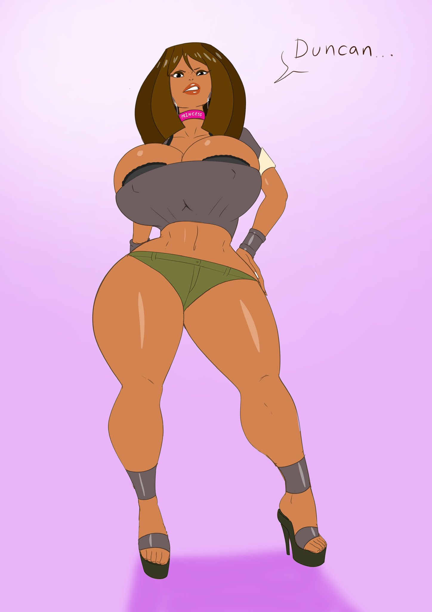 1girls, annon, bimbo, breasts, choker, cleavage, courtney (tdi), dark skin, dark-skinned female, female, high heels, hoop earrings, huge breasts, name drop, solo, speech bubble, tagme, text, thick thighs, total drama island, voluptuous, wide hips