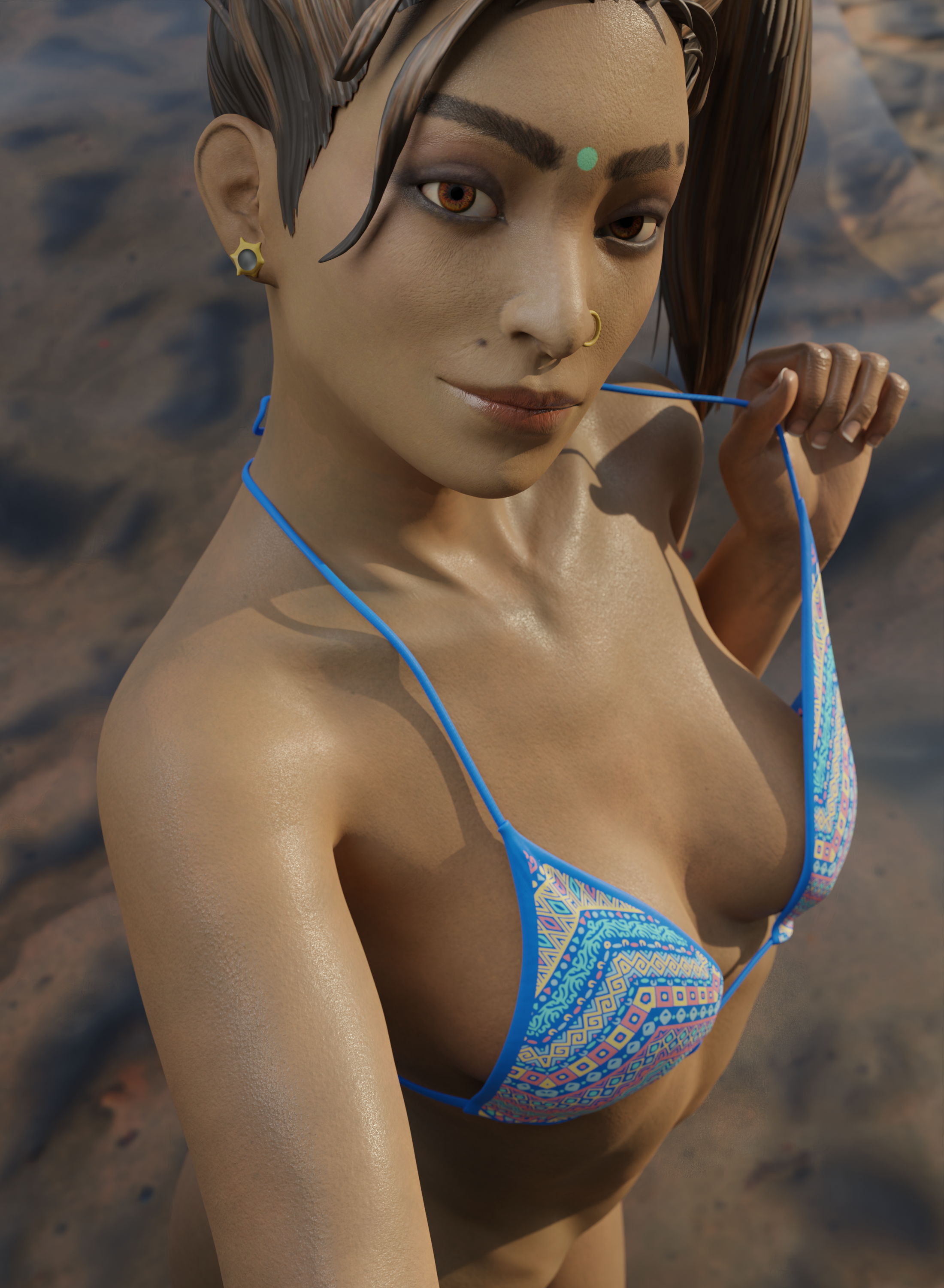 1girls, 3d, apex legends, beach, dark skin, dark-skinned female, female, female focus, female only, francis brown, indian, indian female, rampart (apex legends), solo, strap pull, tagme