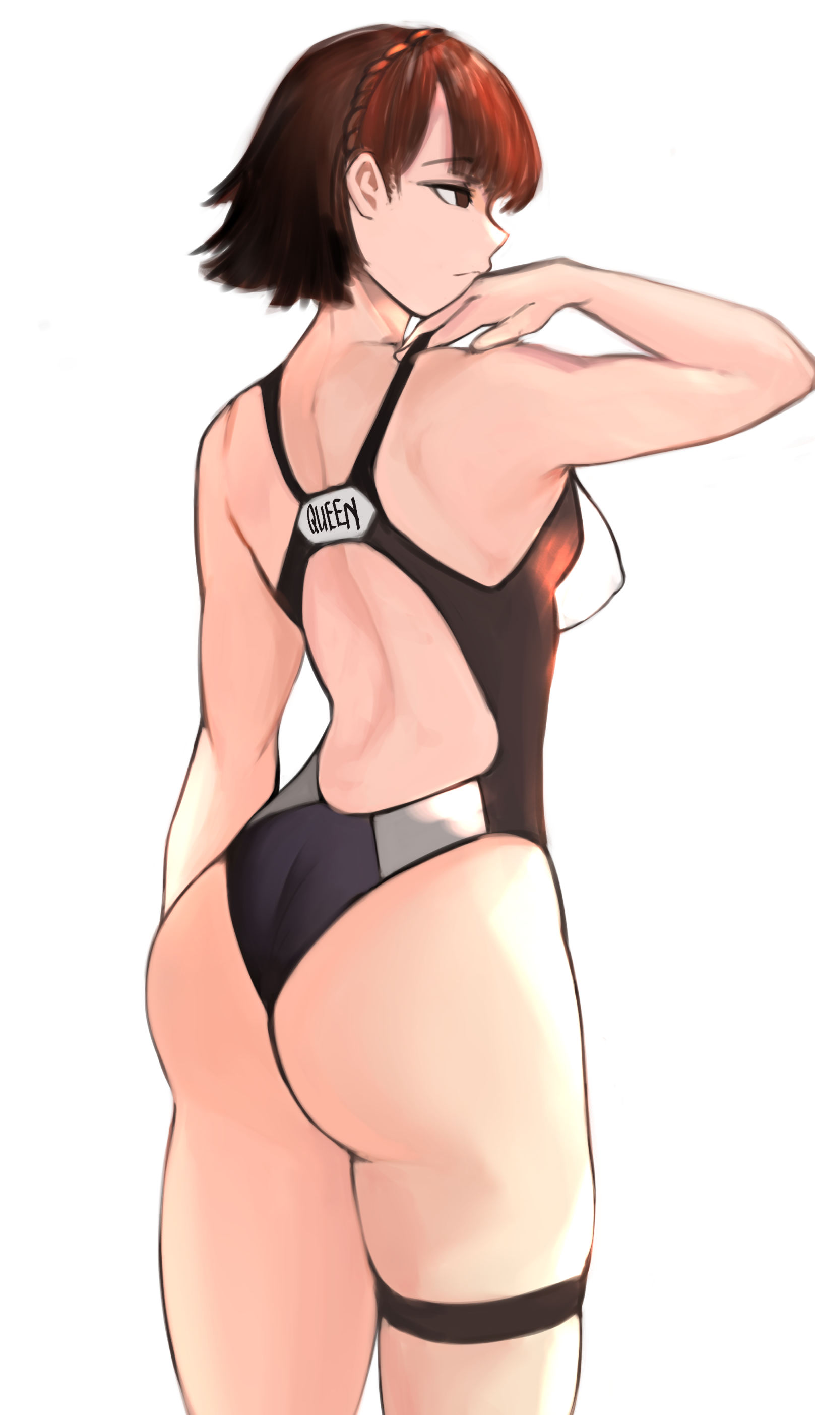 1girls, alternate costume, ass, breasts, brown eyes, brown hair, female, light skin, makoto niijima, nero watch, nipples visible through clothing, one-piece swimsuit, persona, persona 5, sideboob, solo, swimsuit, white background