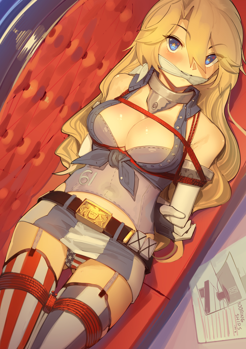 1girls, arms behind back, big breasts, blonde hair, blue eyes, bondage, bound, breasts, cleave gag, female, female only, gag, helpless, iowa (kantai collection), kaddo, kantai collection, looking at viewer, on back, solo