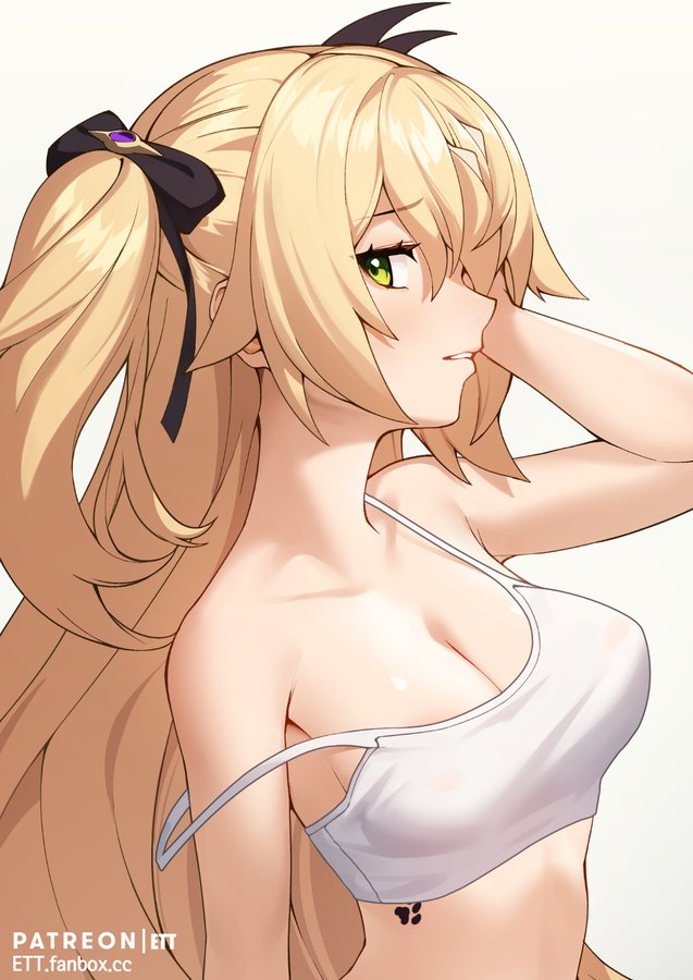 blonde hair, breasts, cute, ett, female, fischl (genshin impact), genshin impact, green eyes, looking back, petite body, tagme, topwear