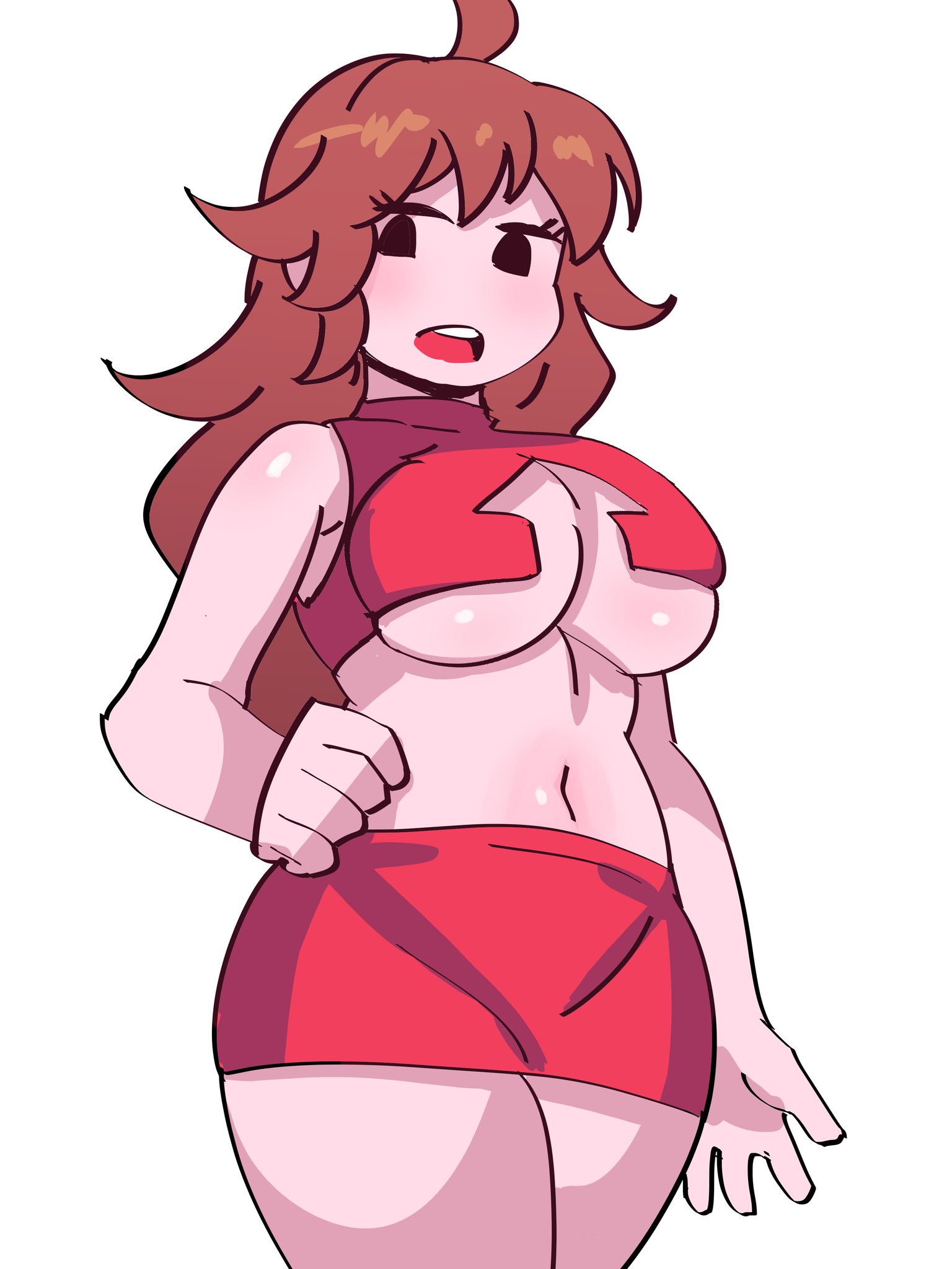 belly, belly button, big breasts, blush, breasts, brown hair, cleavage, collarbone, dress, female, friday night funkin, fully clothed, girlfriend (friday night funkin), high heels, highres, large breasts, long hair, open mouth, painted nails, simple background, thick thighs, underboob, video game, video game character, video games, voluptuous, ytrall