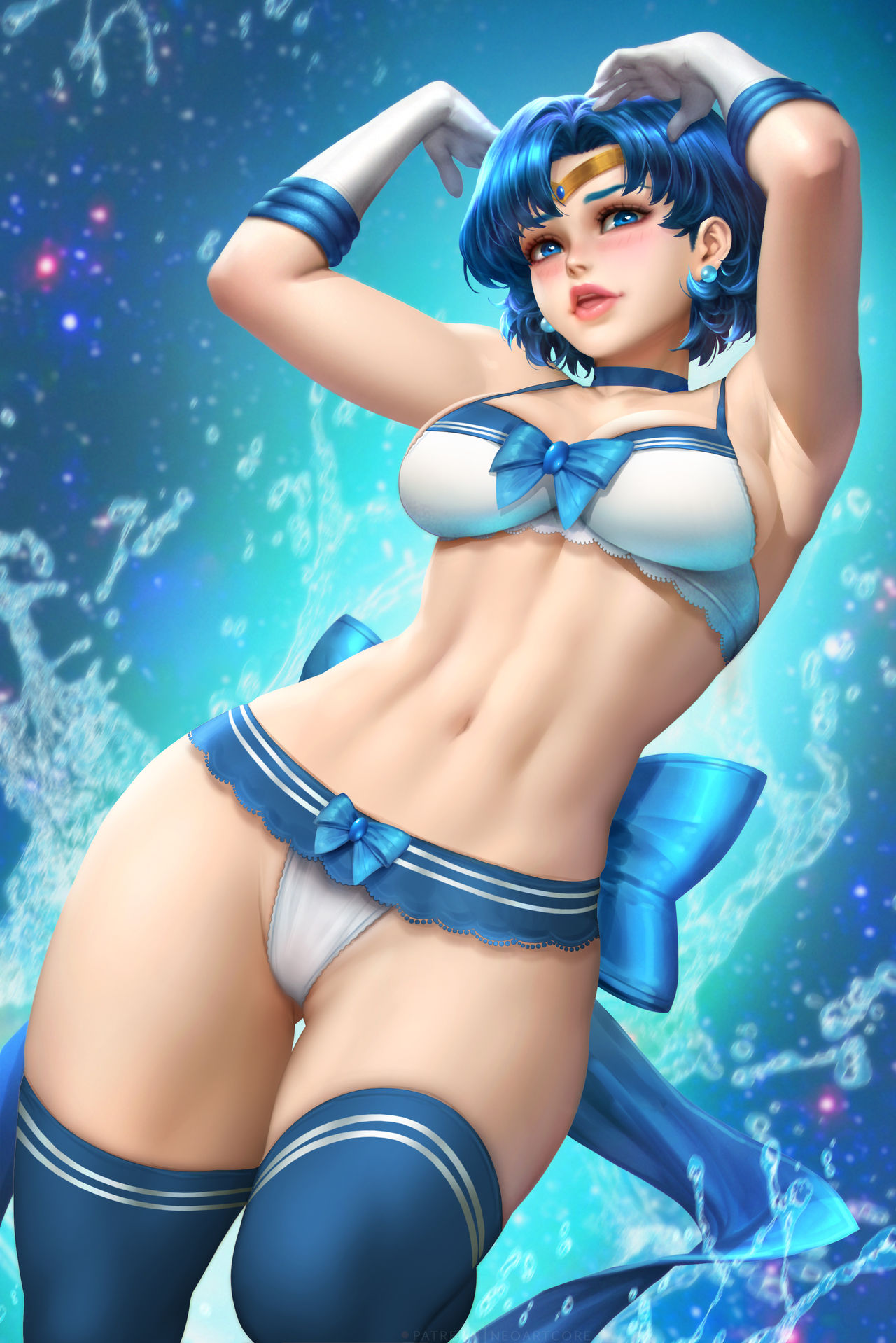 1girls, alternate version available, ami mizuno, bishoujo senshi sailor moon, blue eyes, blue hair, bra, breasts, female, female only, lingerie, looking at viewer, neoartcore, panties, posing, revealing clothes, sailor mercury, short hair, small breasts, small panties, solo, solo female, stockings, thick thighs, toned, toned female, underwear, water