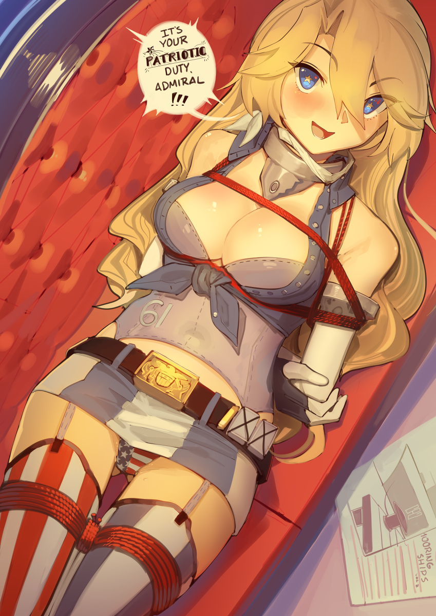1girls, arms behind back, big breasts, blonde hair, blue eyes, bondage, breasts, consensual bondage, dialogue, dialogue bubble, female, female only, femsub, helpless, imminent sex, iowa (kantai collection), kaddo, kantai collection, looking at viewer, on back, panties, seductive, solo, solo female, speech bubble, suggestive, text, willing sub