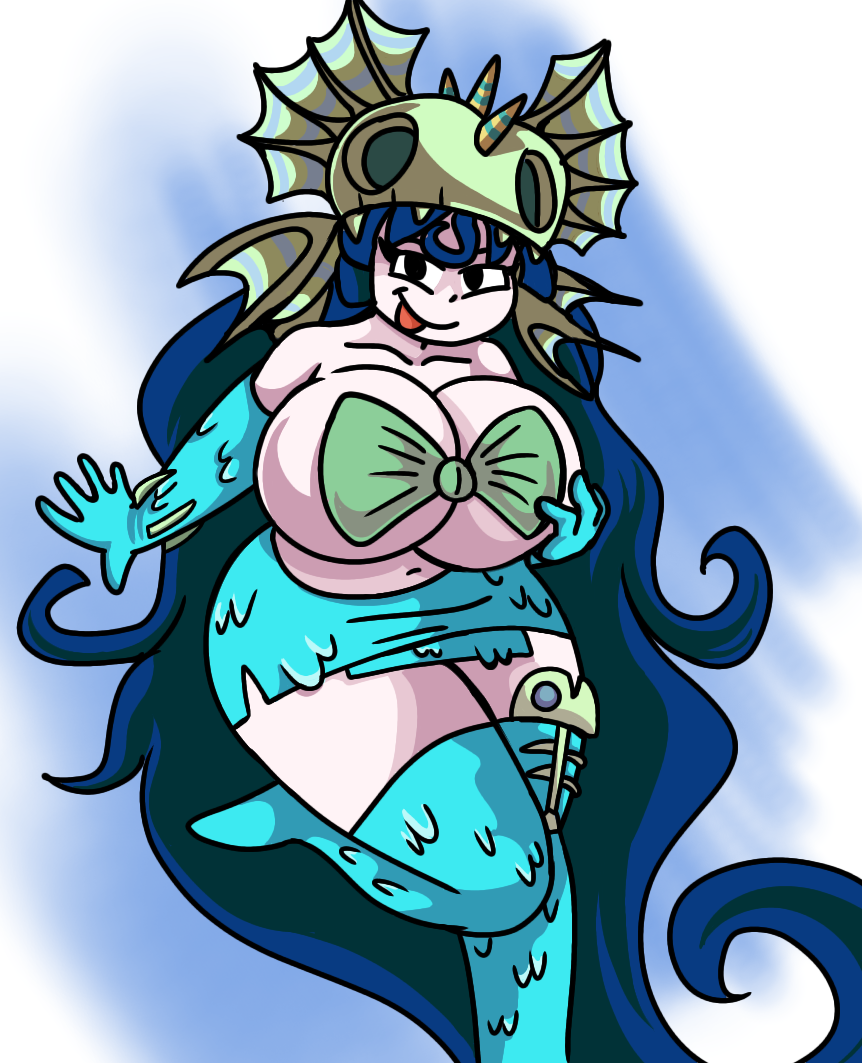 annetta_fish_(rayman) big_breasts blue_gloves blue_hair blue_skirt female grabbing_own_breast large_ass large_breasts large_hips long_hair luiron nymph_(rayman) rayman_(series) rayman_origins tongue_out topwear wide_hips