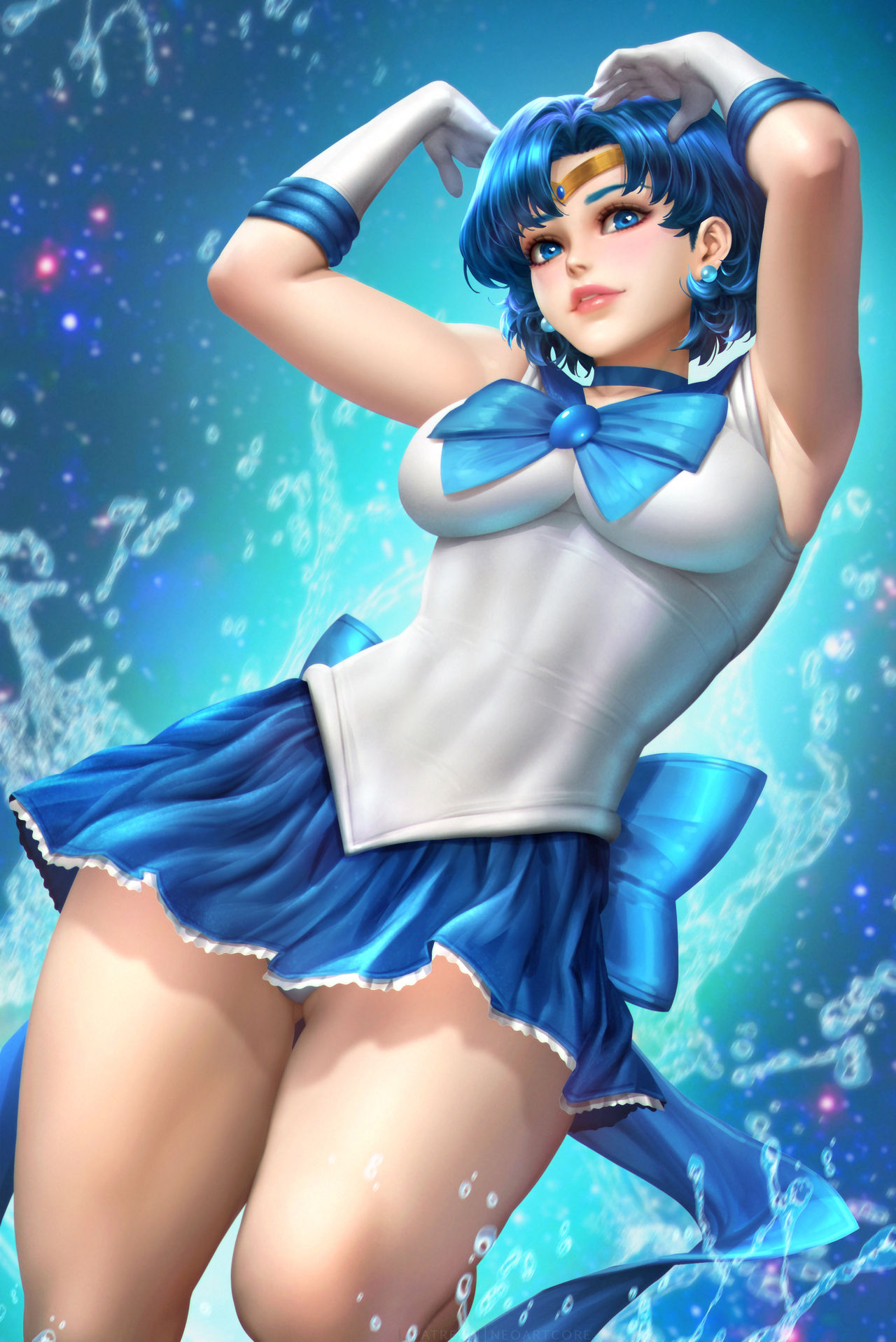 1girls, alternate version available, ami mizuno, bishoujo senshi sailor moon, blue eyes, blue hair, blue skirt, breasts, clothed, clothed female, clothes, clothing, female, female only, fully clothed, looking at viewer, neoartcore, realistic, sailor mercury, sailor uniform, short hair, short skirt, skirt, small breasts, solo, solo female, thick thighs, water