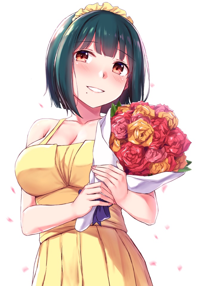 1girls blush bouquet brown_eyes cai_geng cleavage female flowers green_hair hairband idolmaster kotori_otonashi mole_under_mouth nail_polish short_hair white_background