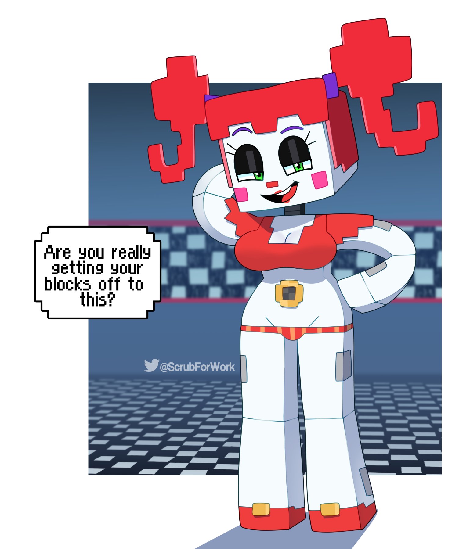 1girls, 2d, 2d (artwork), animatronic, baby (fnafsl), big breasts, black eyeshadow, breasts, circus baby, circus baby (fnaf), circus baby (minecraft), cleavage, clown, clown girl, crossover, dialogue, eyeshadow, fazbear & friends, fazbear & friends (zamination), female, female only, five nights at freddy's, five nights at freddy's: sister location, fnaf, green eyes, hand on hip, legs, midriff, minecraft, no pants, open mouth, panties, pigtails, red hair, robot, robot girl, scottgames, seductive, shirt, sister location, smile, solo, solo female, somescrub, speech bubble, talking to viewer, teasing, text, tummy, watermark, white body, white skin