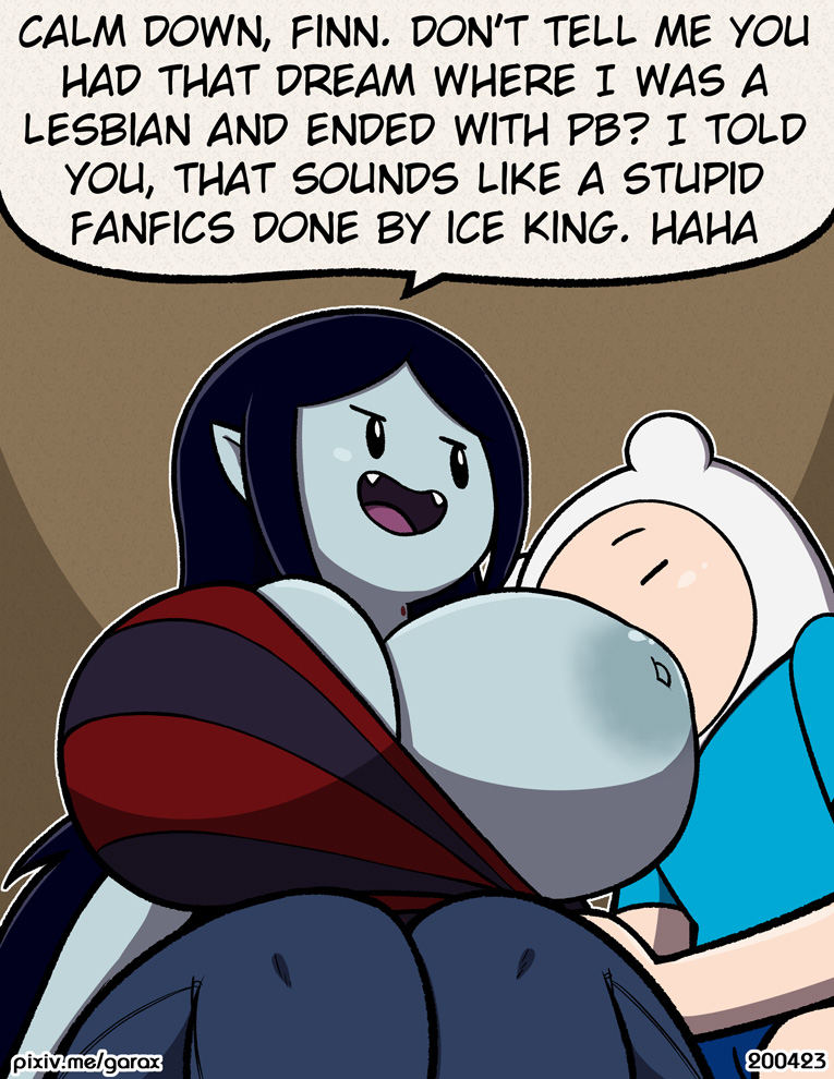1boy, 1girls, adventure time, breasts, english text, fangs, female, finn the human, funny, garabatoz, huge breasts, human, male, marceline, marceline abadeer, one breast out, partially nude