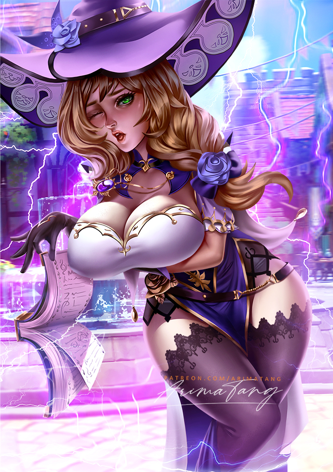 1girls, arimatang, arm under breasts, big breasts, book, breasts, cleavage, eyebrows, eyelashes, female, female focus, female only, genshin impact, green eyes, hat, holding, holding book, holding object, lisa (genshin impact), long hair, looking at viewer, one eye closed, open mouth, solo, solo female, solo focus, standing, witch hat