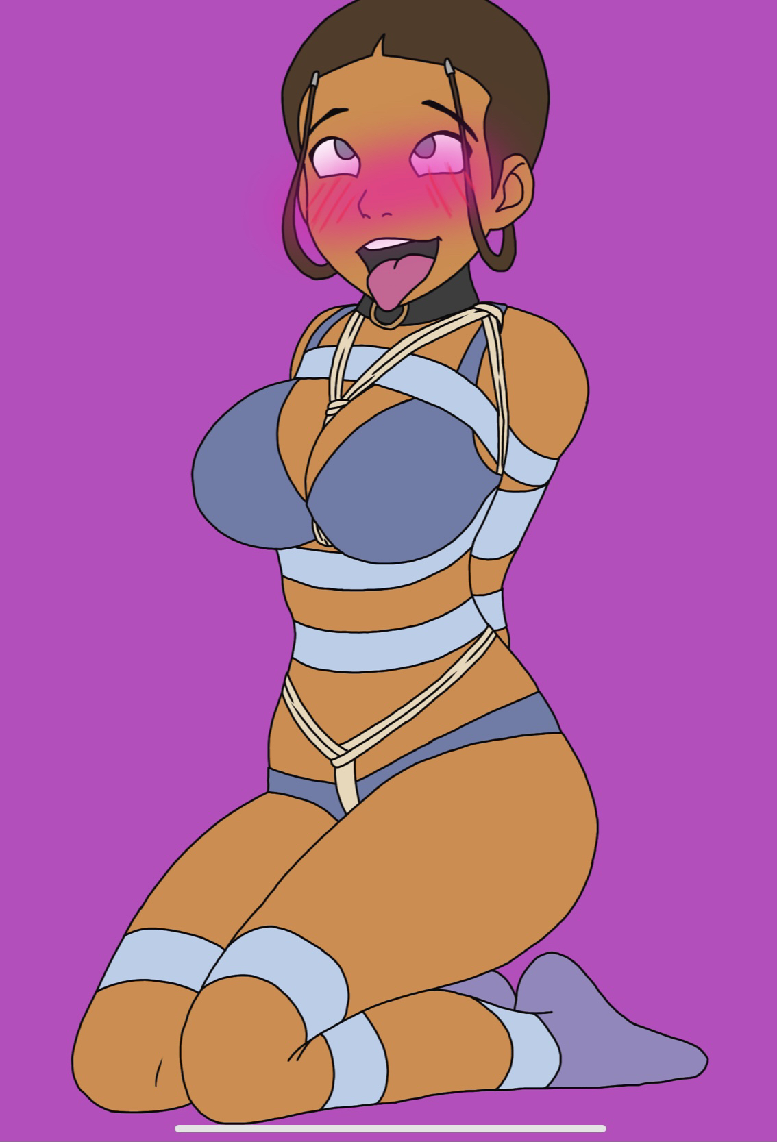 1girls, ahe gao, arms behind back, avatar the last airbender, blush, bondage, bra, breasts, collar, crotch rope, female, heels, katara, large breasts, panties, rope, simple background, sitting, straight hair, tape, that fuckinguy