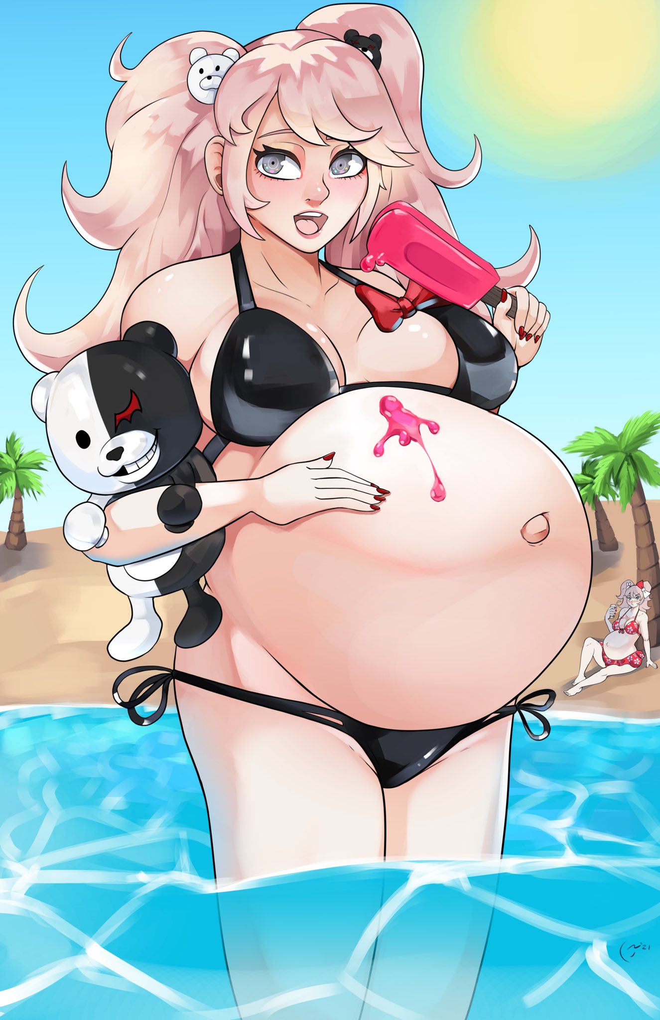 1girls big_breasts bikini breasts claraspregs cleavage danganronpa danganronpa_s:_ultimate_summer_camp female female_only huge_belly junko_enoshima large_breasts monokuma mukuro_ikusaba pregnant ready_to_pop