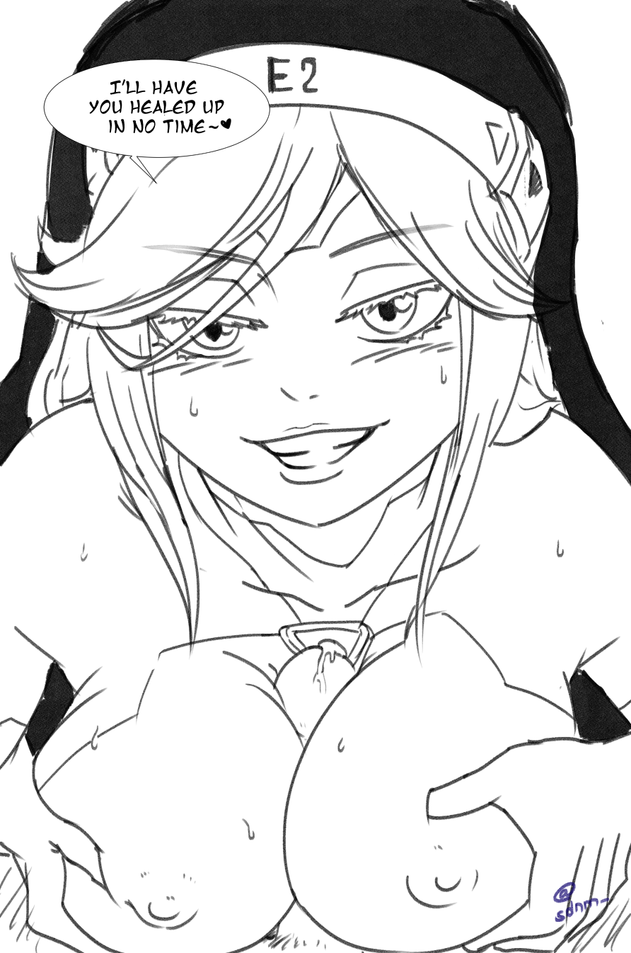 1boy 1girls black_and_white boobjob edens_zero english_text female_focus looking_at_viewer monochrome nipples pov sister_ivry sketch smile speech_bubble