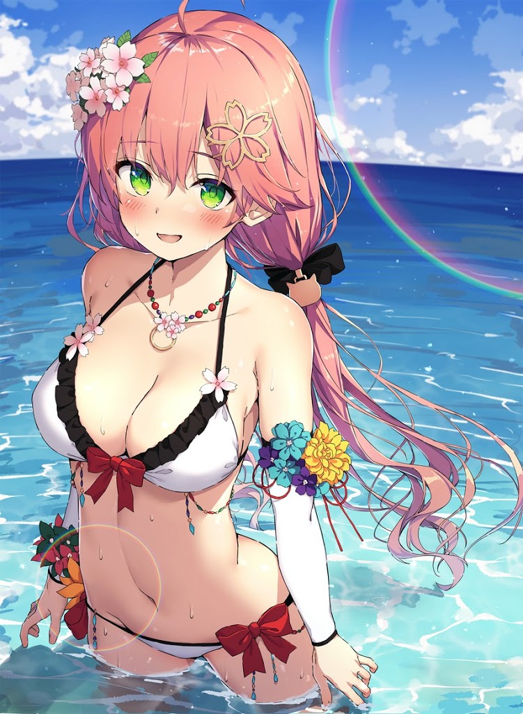 1girls, ahoge, big breasts, bikini, blush, breasts, cleavage, female, female focus, female only, green eyes, hololive, hololive gen 0, hololive japan, pink hair, sakura miko, swimsuit, virtual youtuber