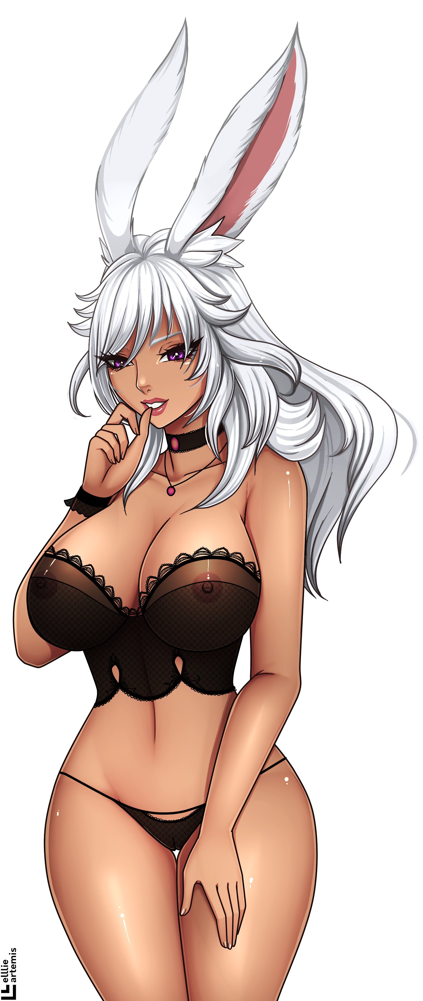 1girls, animal ears, areolae, big breasts, breasts, bunny ears, choker, elllie artemis, female, final fantasy, final fantasy xiv, hand on thigh, long hair, lyna (final fantasy xiv), nipples, purple eyes, see-through clothing, simple background, solo, solo female, square enix, viera, white hair