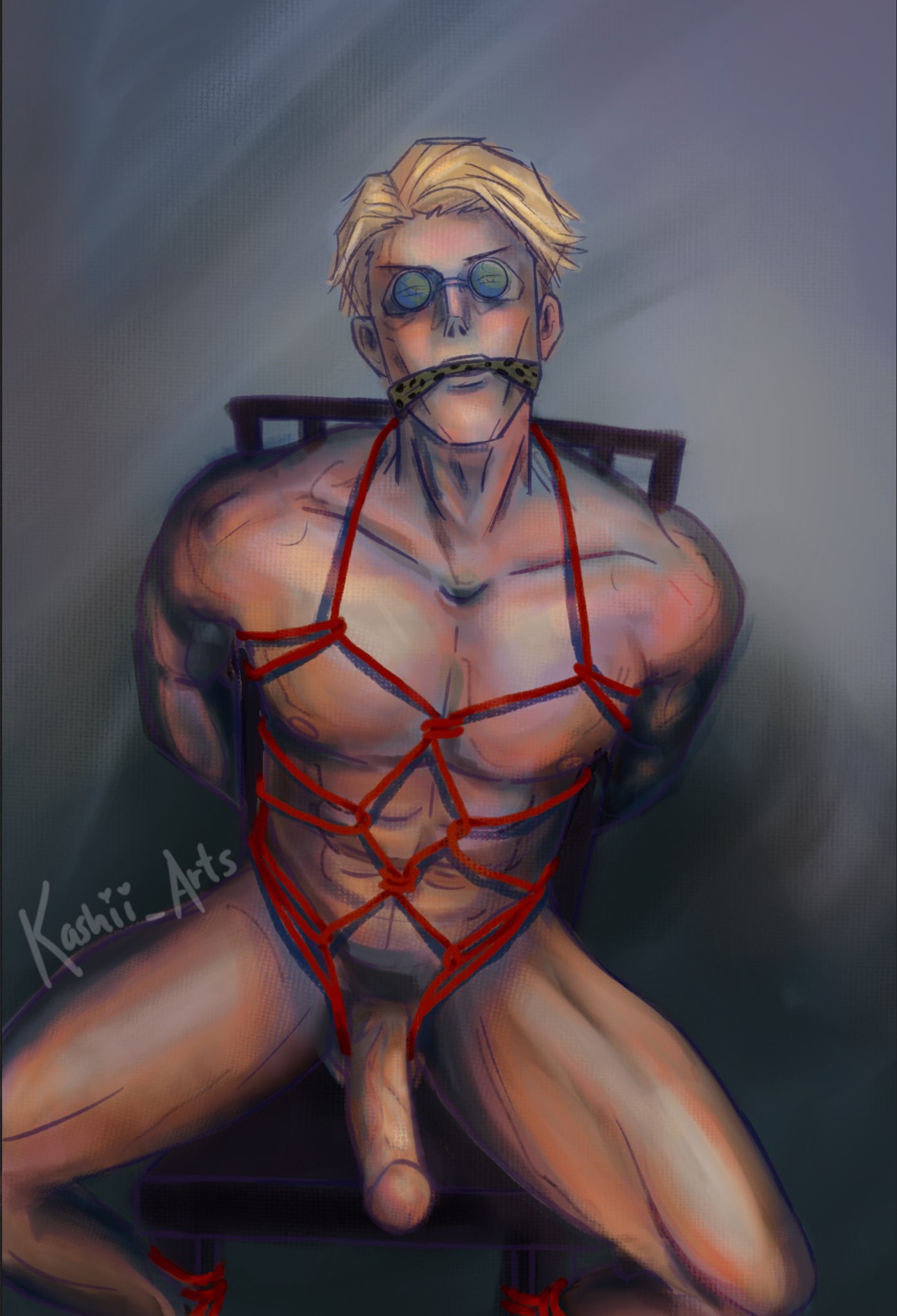 1boy, arms behind back, blonde hair, bondage, chair, gag, gagged, genitals, goggles, jujutsu kaisen, kashii arts, kento nanami, legs apart, male, male focus, male only, mouth gag, penis, solo, solo focus, solo male, tied, tied to chair, tied up